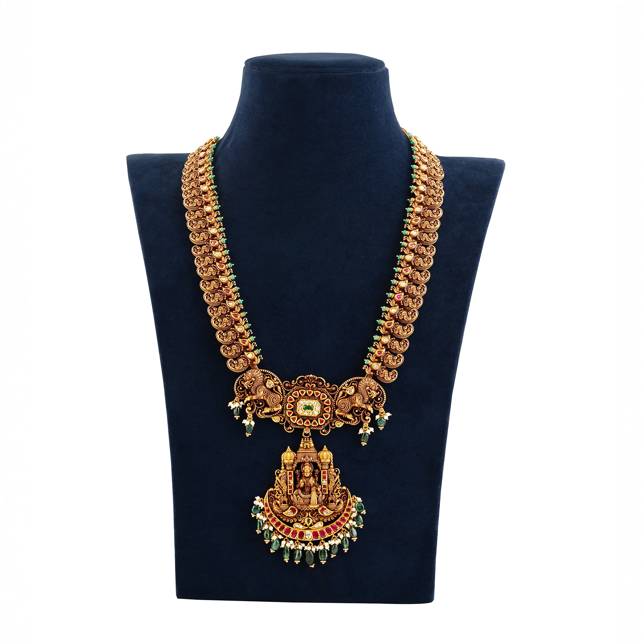 22K Gold Mango Haar Necklace with Lakshmi Devi Pendant Traditional Bridal Jewelry