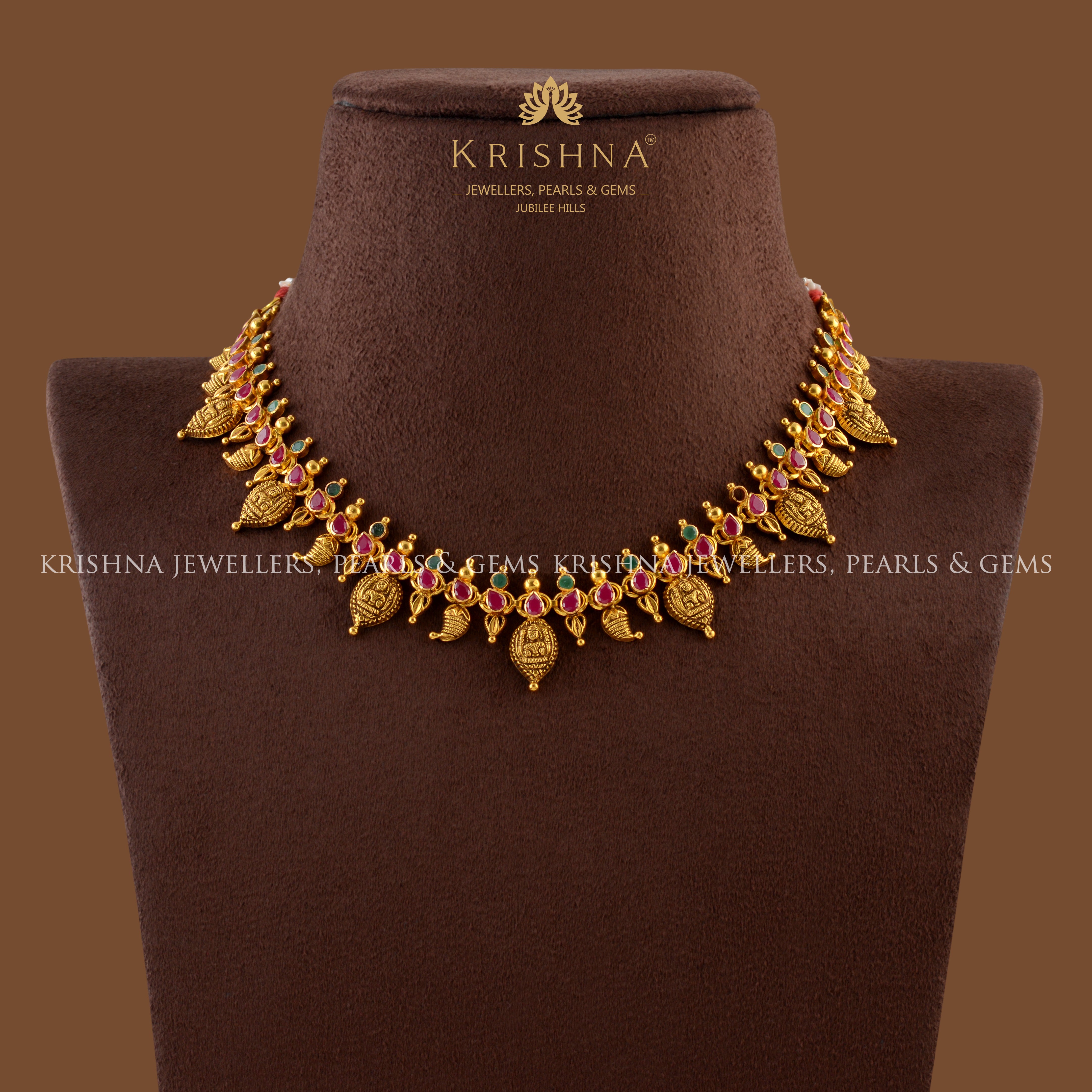 Short Gold Necklace in Laxmi And Mango Design - Krishna Jewellers Pearls and Gems