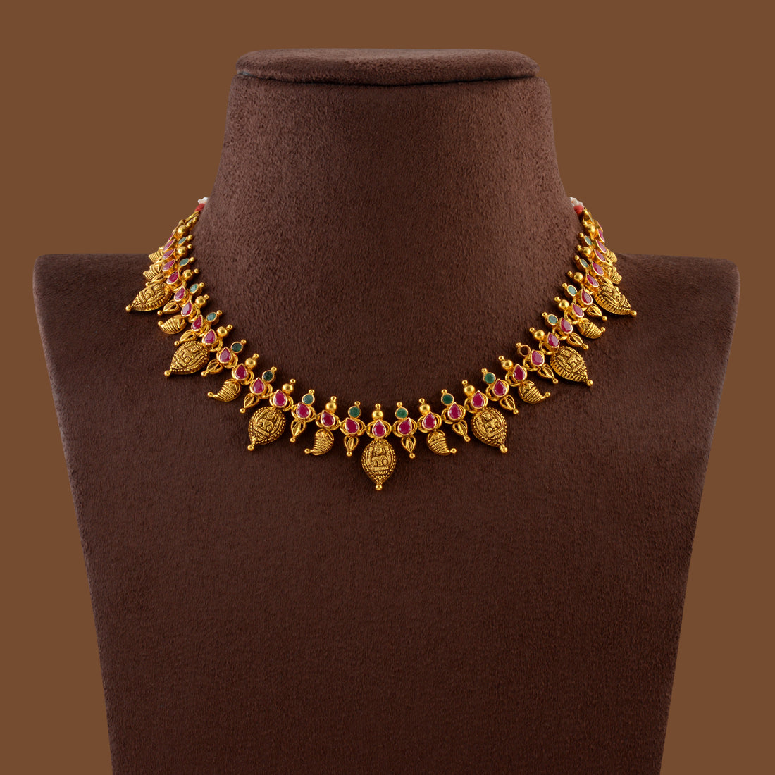 Short Gold Necklace in Laxmi And Mango Design - Krishna Jewellers Pearls and Gems