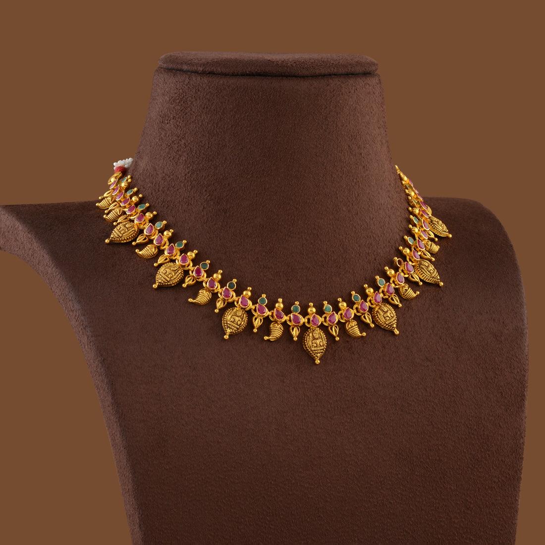 Short Gold Necklace in Laxmi And Mango Design - Krishna Jewellers Pearls and Gems