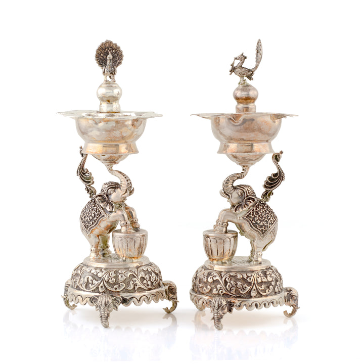 92.5 Pure Silver Antique Deepam Stands - Elephant & Peacock Motif (Set of 2)