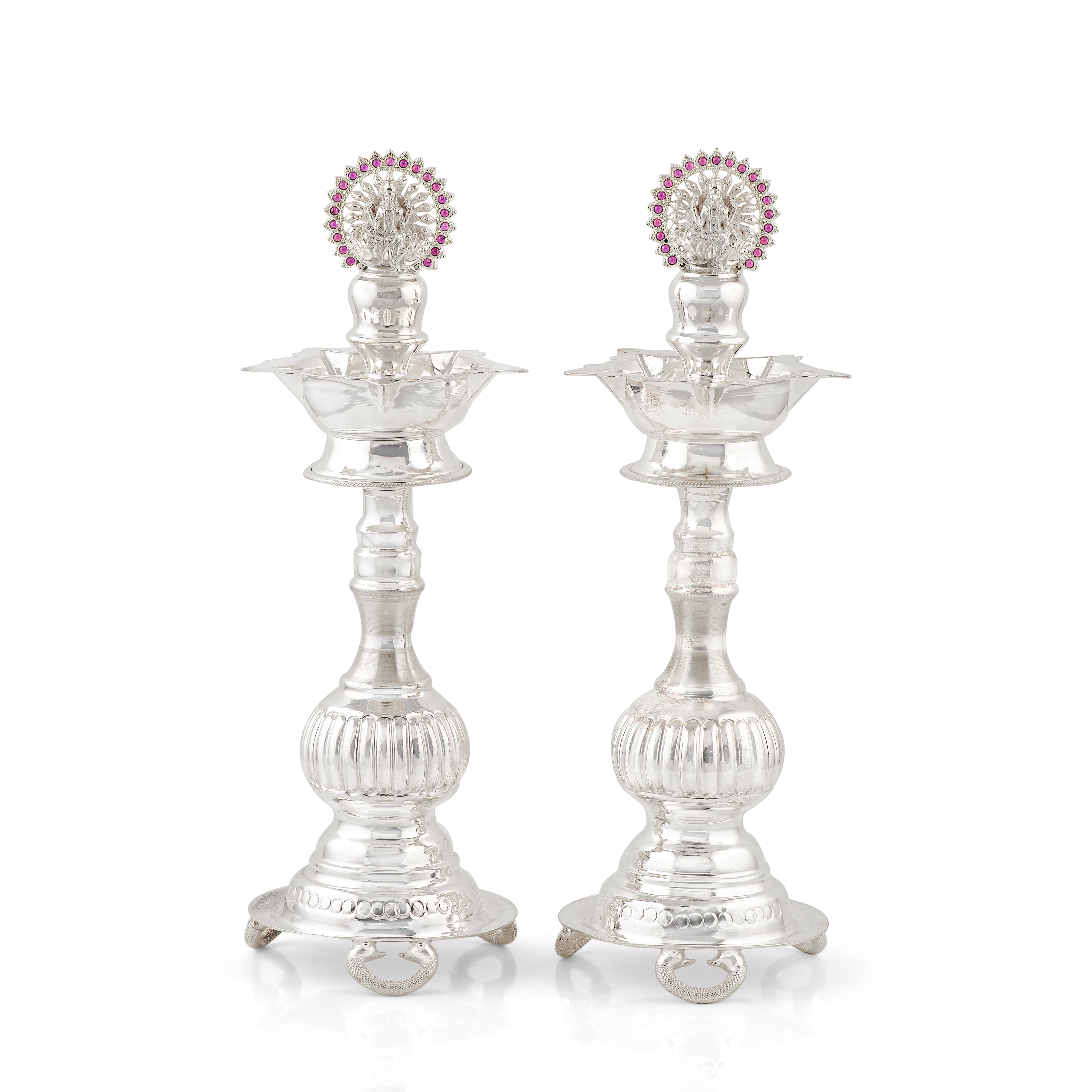92.5 Pure Silver Deepam Stands with Red Stone Ganesh Motif (Set of 2)