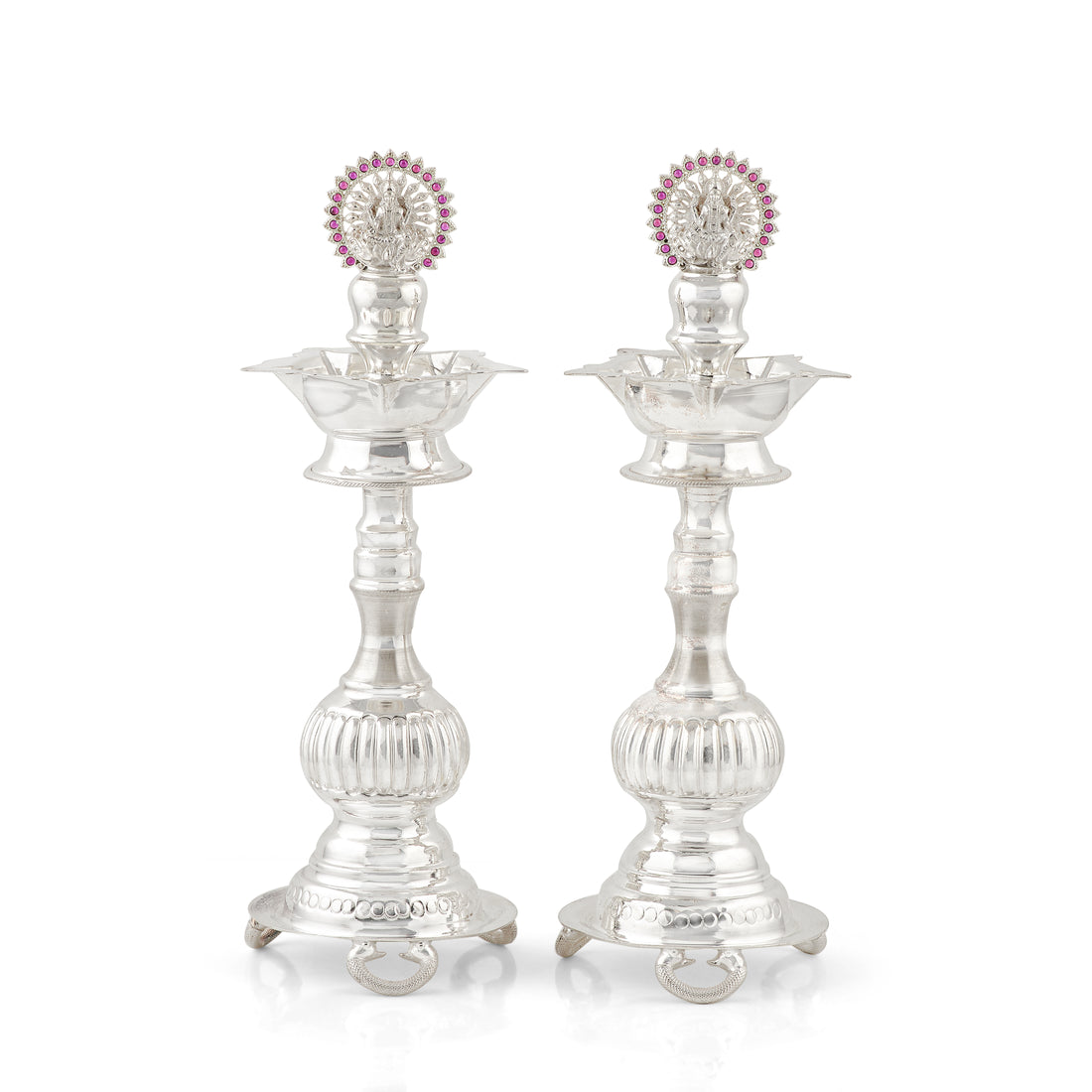 92.5 Pure Silver Deepam Stands with Red Stone Ganesh Motif (Set of 2)