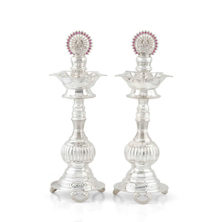 92.5 Pure Silver Deepam Stands with Red Stone Ganesh Motif (Set of 2)