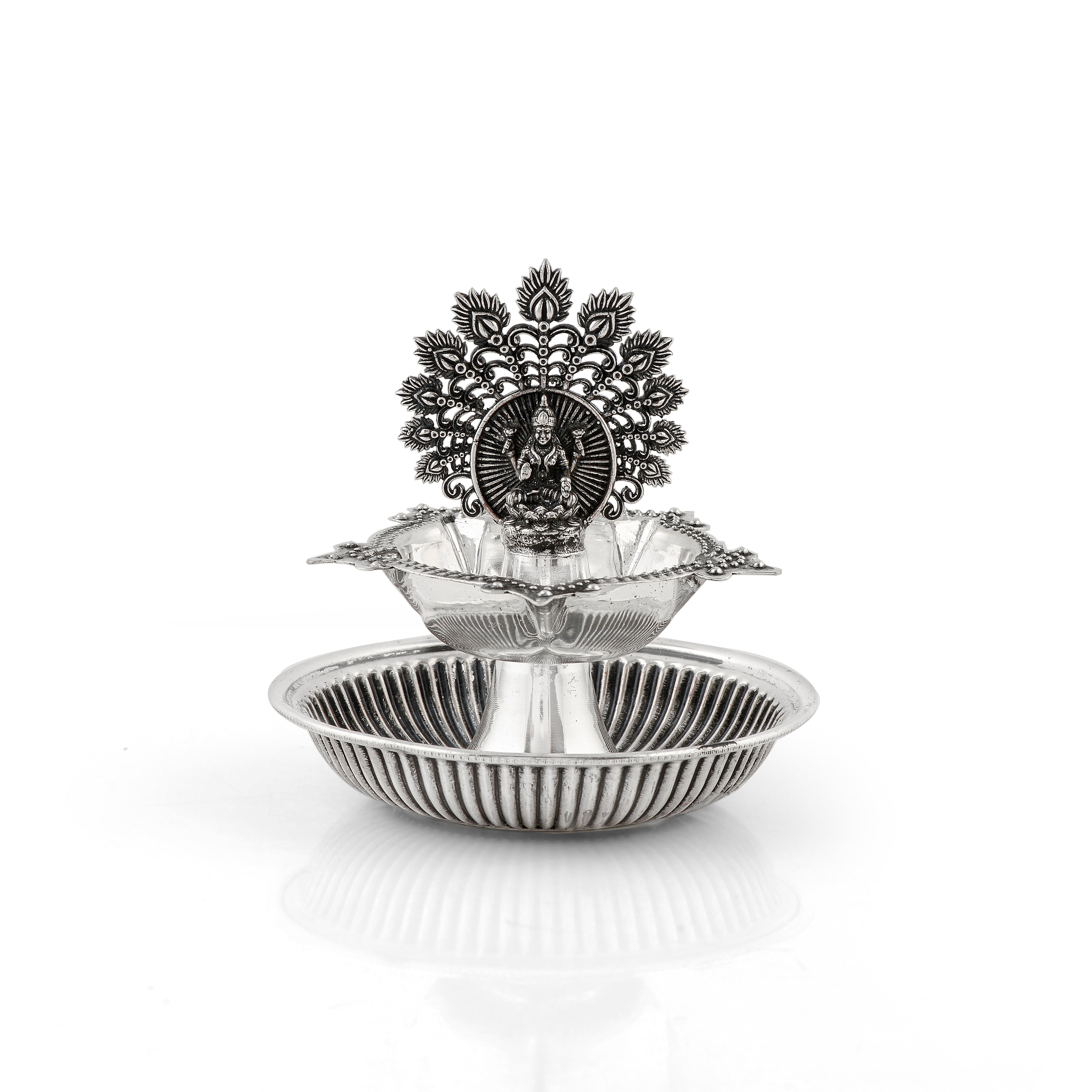 92.5 Pure Silver Antique Lakshmi & Peacock Deepam - Single Piece