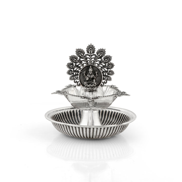 92.5 Pure Silver Antique Lakshmi & Peacock Deepam - Single Piece