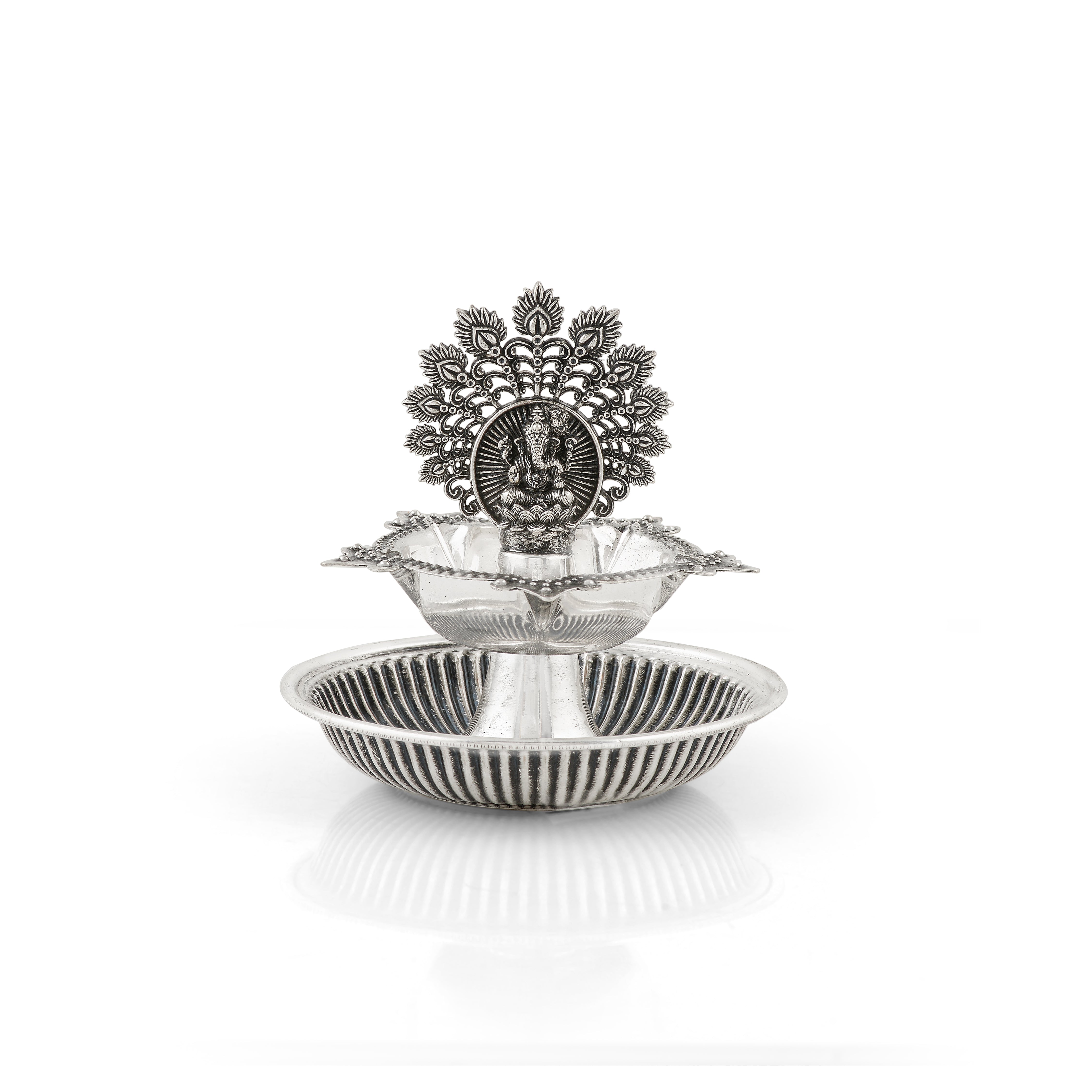 92.5 Pure Silver Antique Ganesh & Peacock Deepam - Single Piece