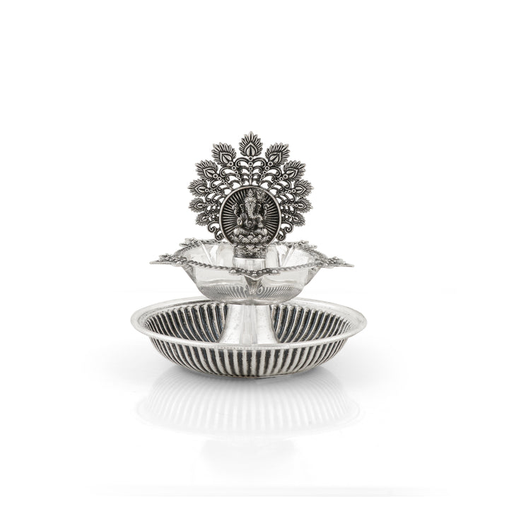 92.5 Pure Silver Antique Ganesh & Peacock Deepam - Single Piece