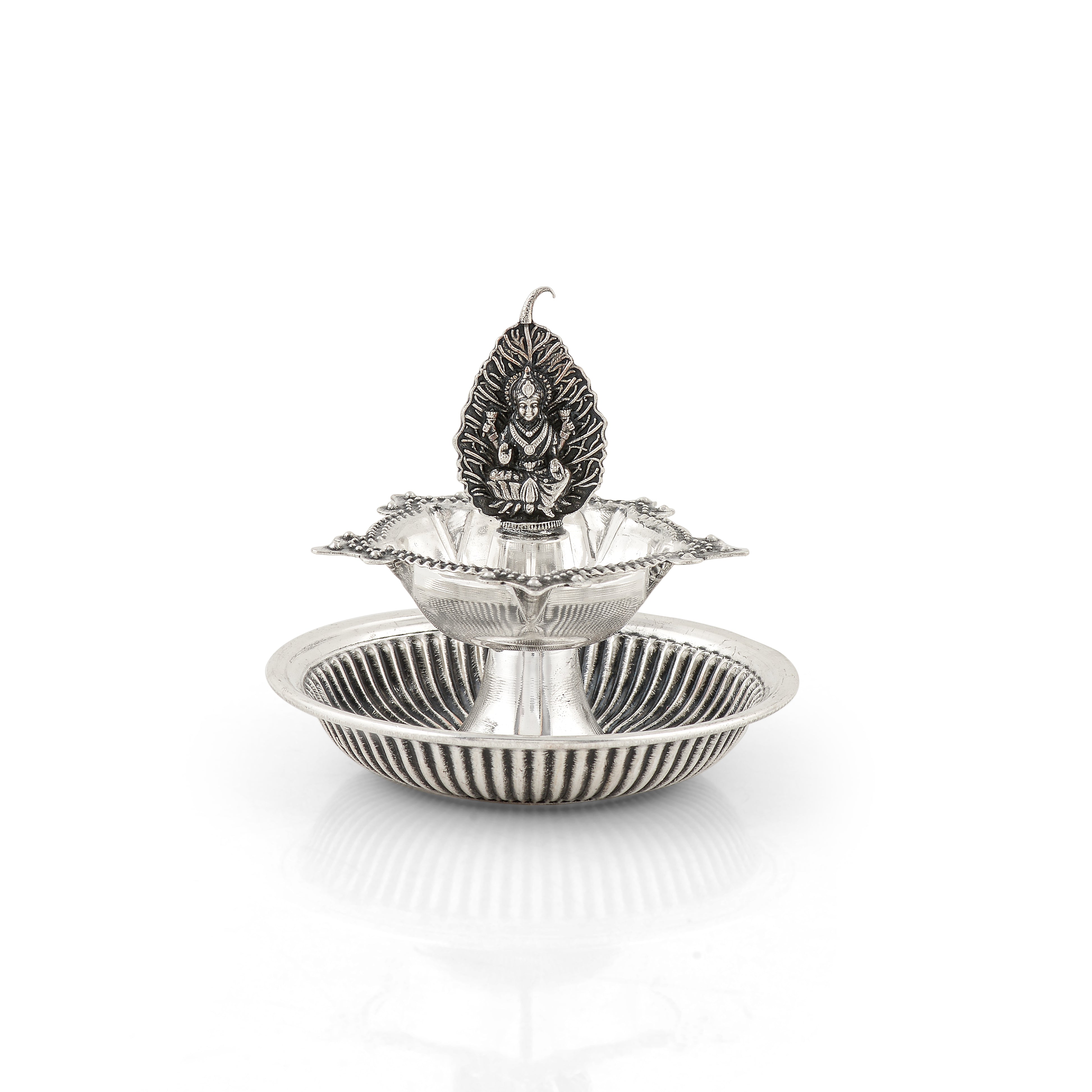 92.5 Pure Silver Antique Leaf & Lakshmi Motif Deepam - Single Piece
