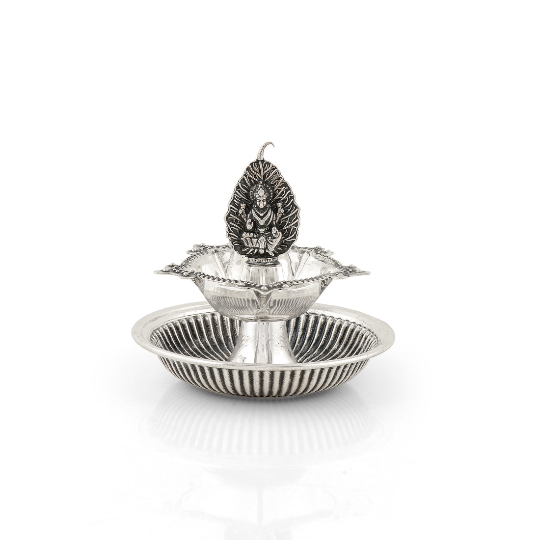 92.5 Pure Silver Antique Leaf & Lakshmi Motif Deepam - Single Piece