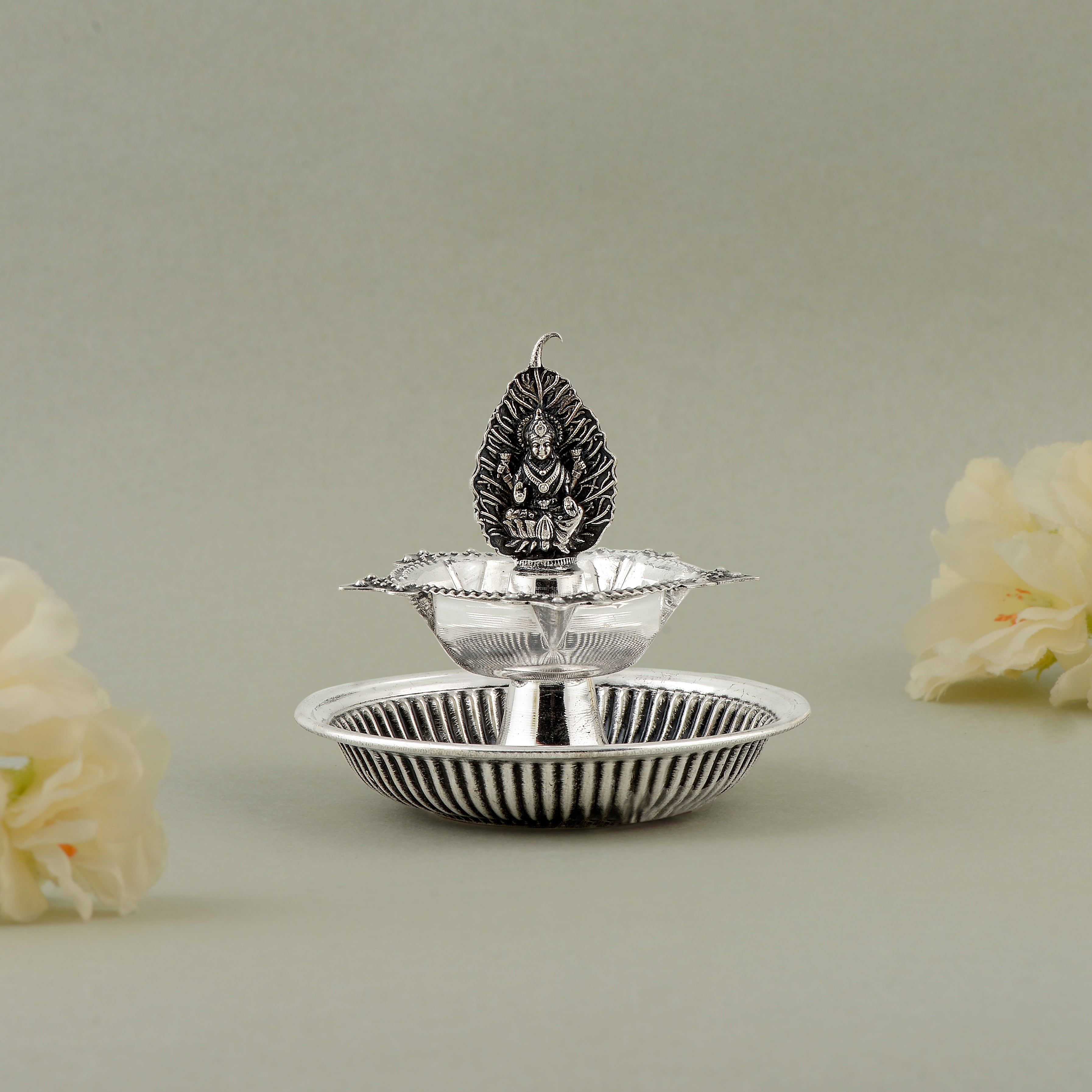 92.5 Pure Silver Antique Leaf & Lakshmi Motif Deepam - Single Piece