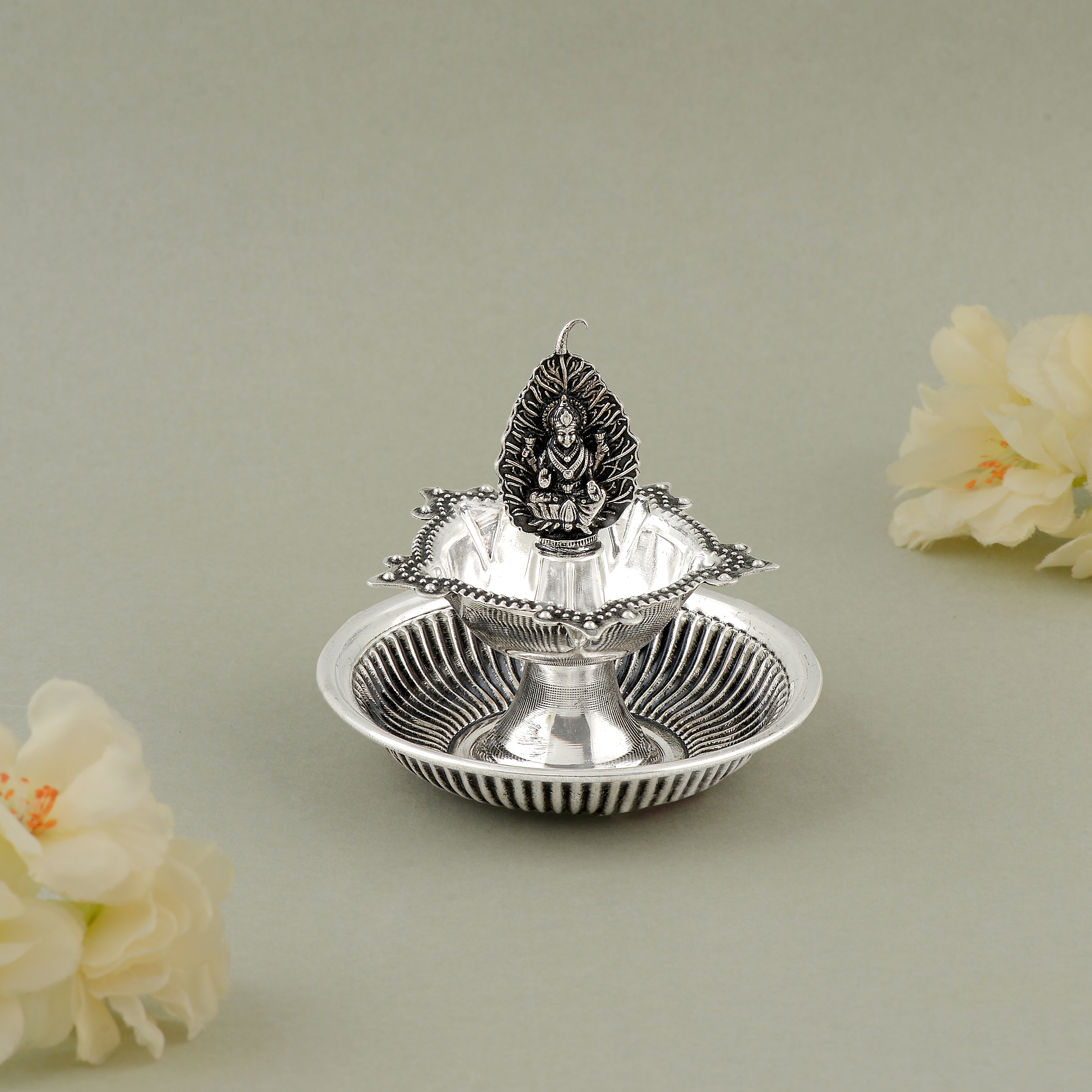 92.5 Pure Silver Antique Leaf & Lakshmi Motif Deepam - Single Piece