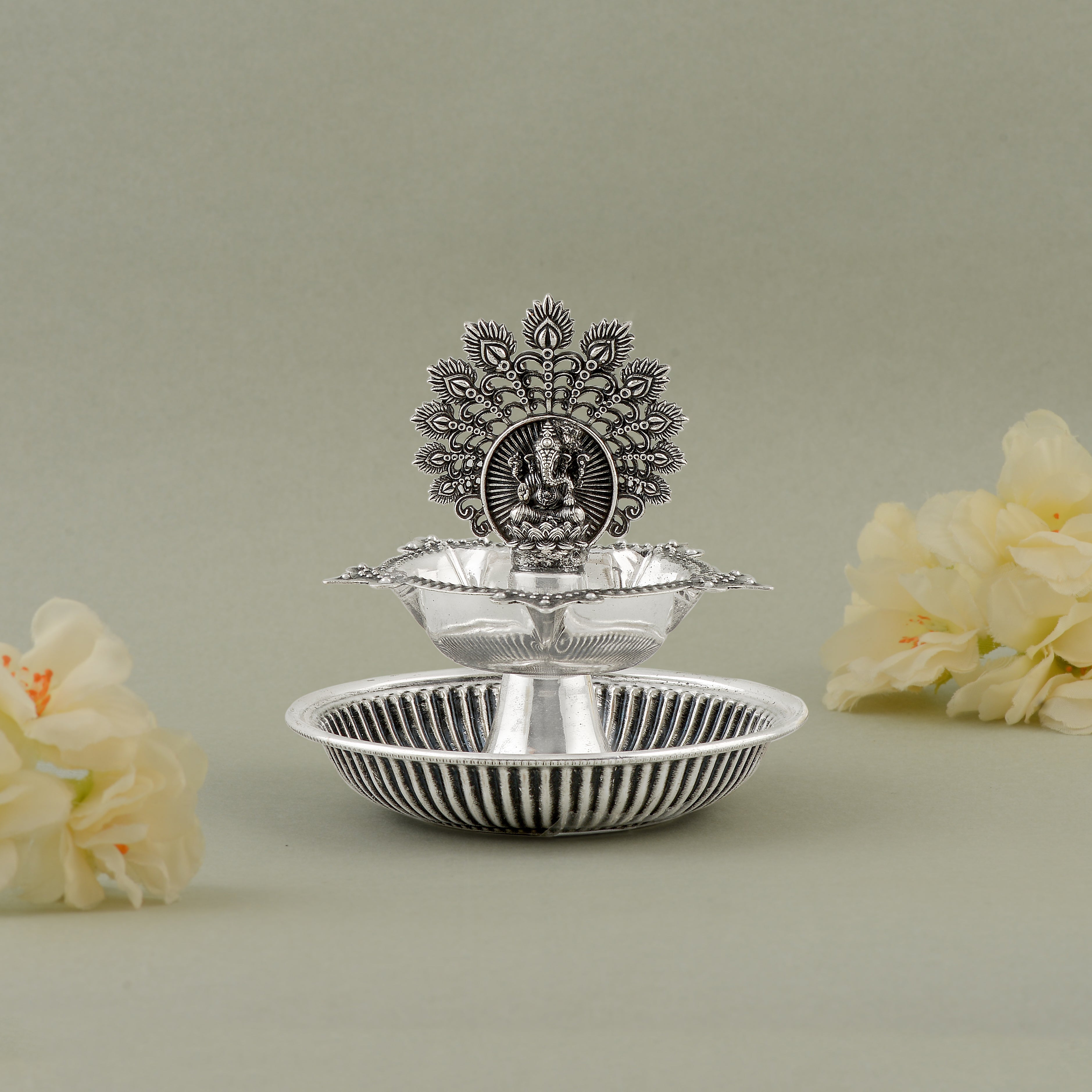 92.5 Pure Silver Antique Ganesh & Peacock Deepam - Single Piece