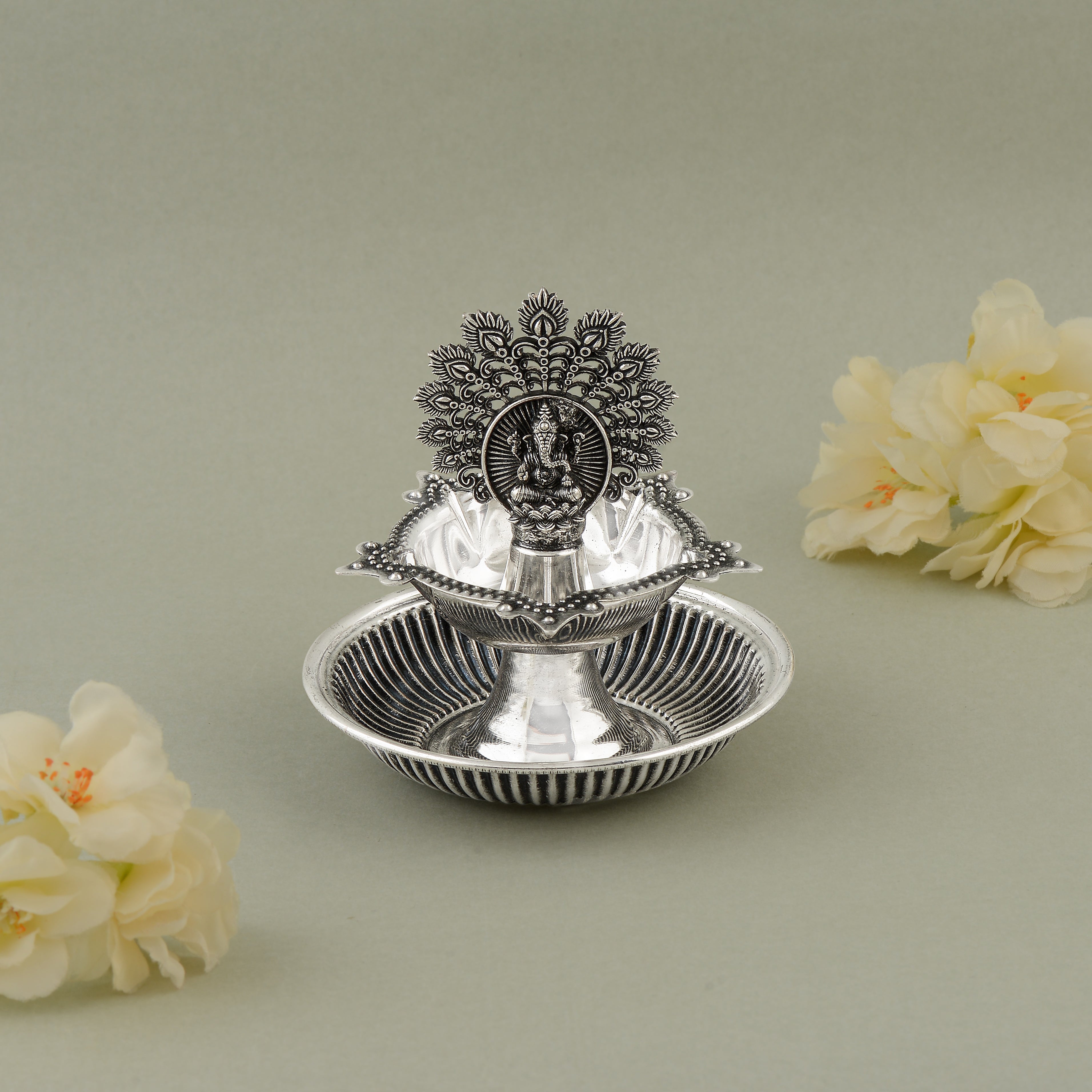92.5 Pure Silver Antique Ganesh & Peacock Deepam - Single Piece