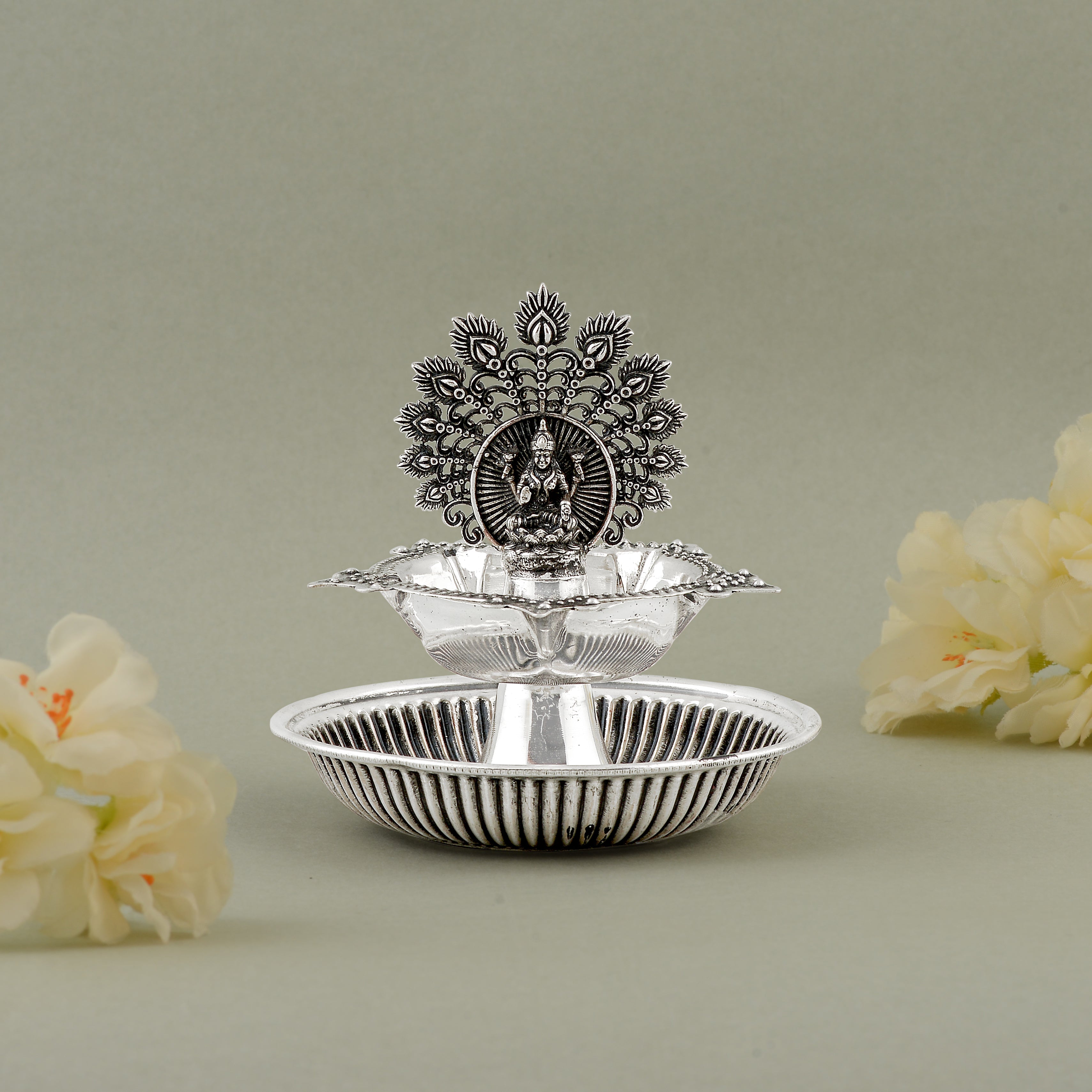 92.5 Pure Silver Antique Lakshmi & Peacock Deepam - Single Piece