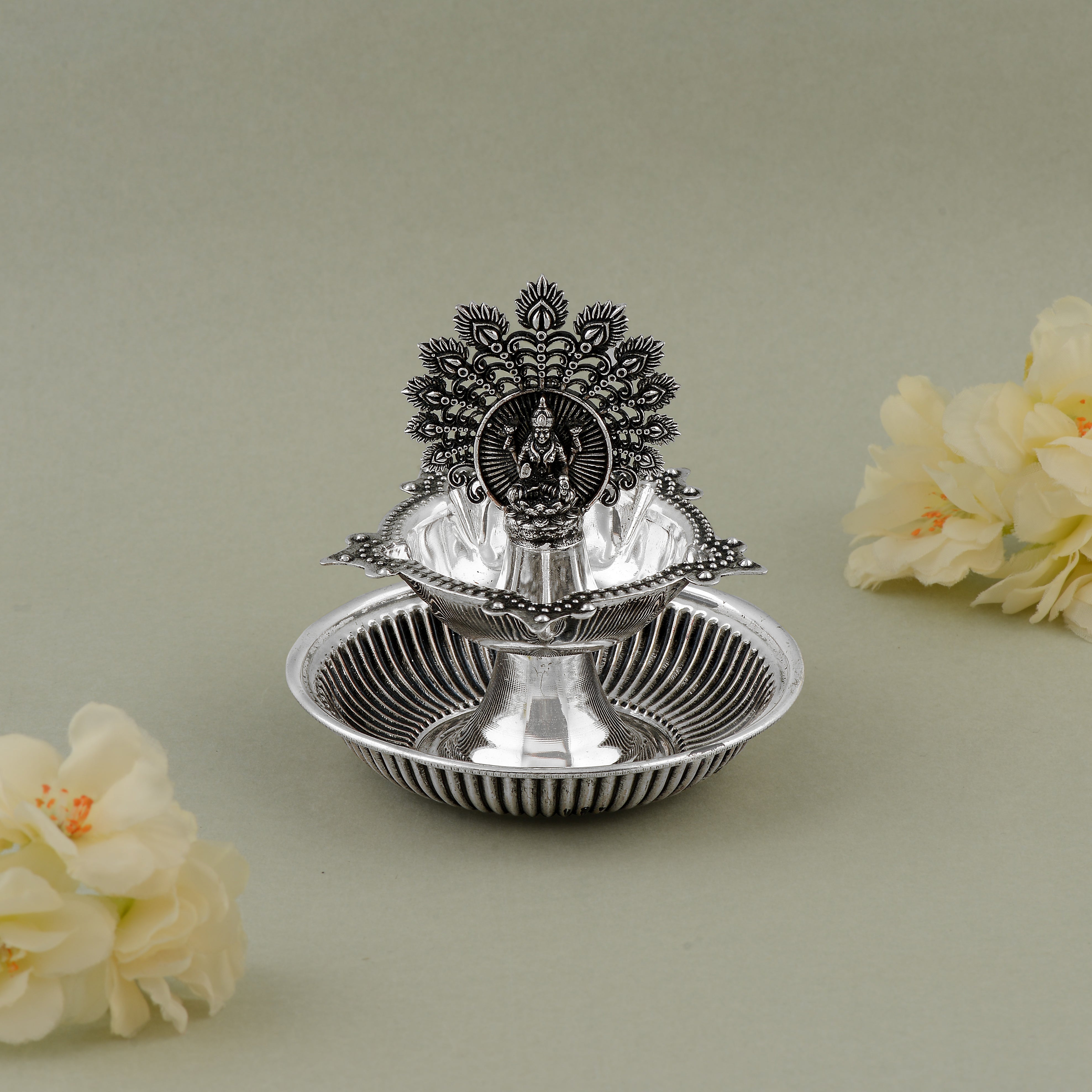 92.5 Pure Silver Antique Lakshmi & Peacock Deepam - Single Piece
