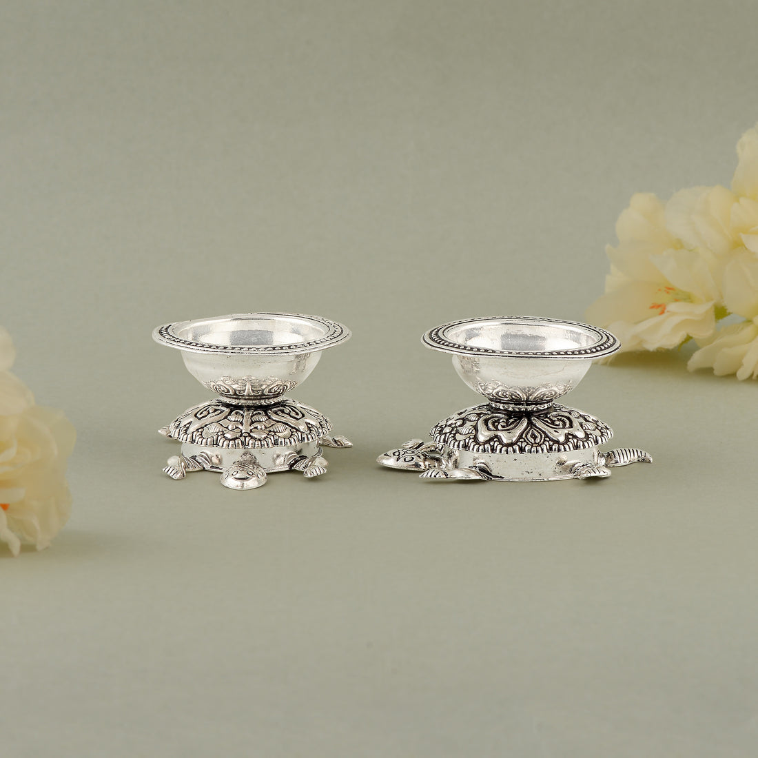 92.5 Pure Silver Antique Turtle Motif Deepam Stands (Pair)