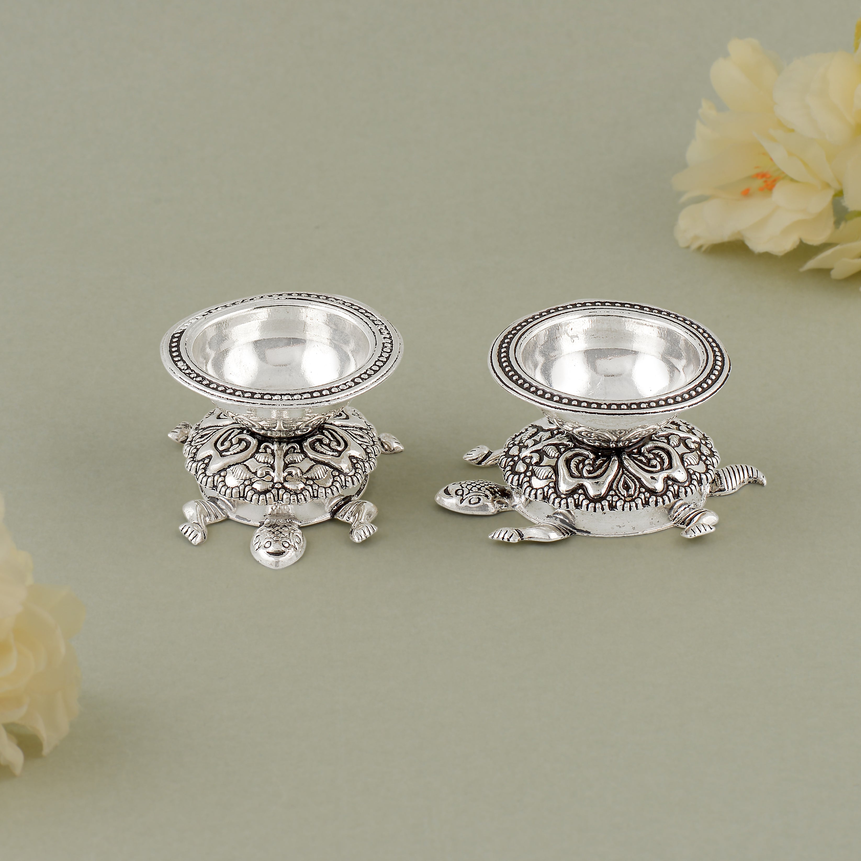 92.5 Pure Silver Antique Turtle Motif Deepam Stands (Pair)