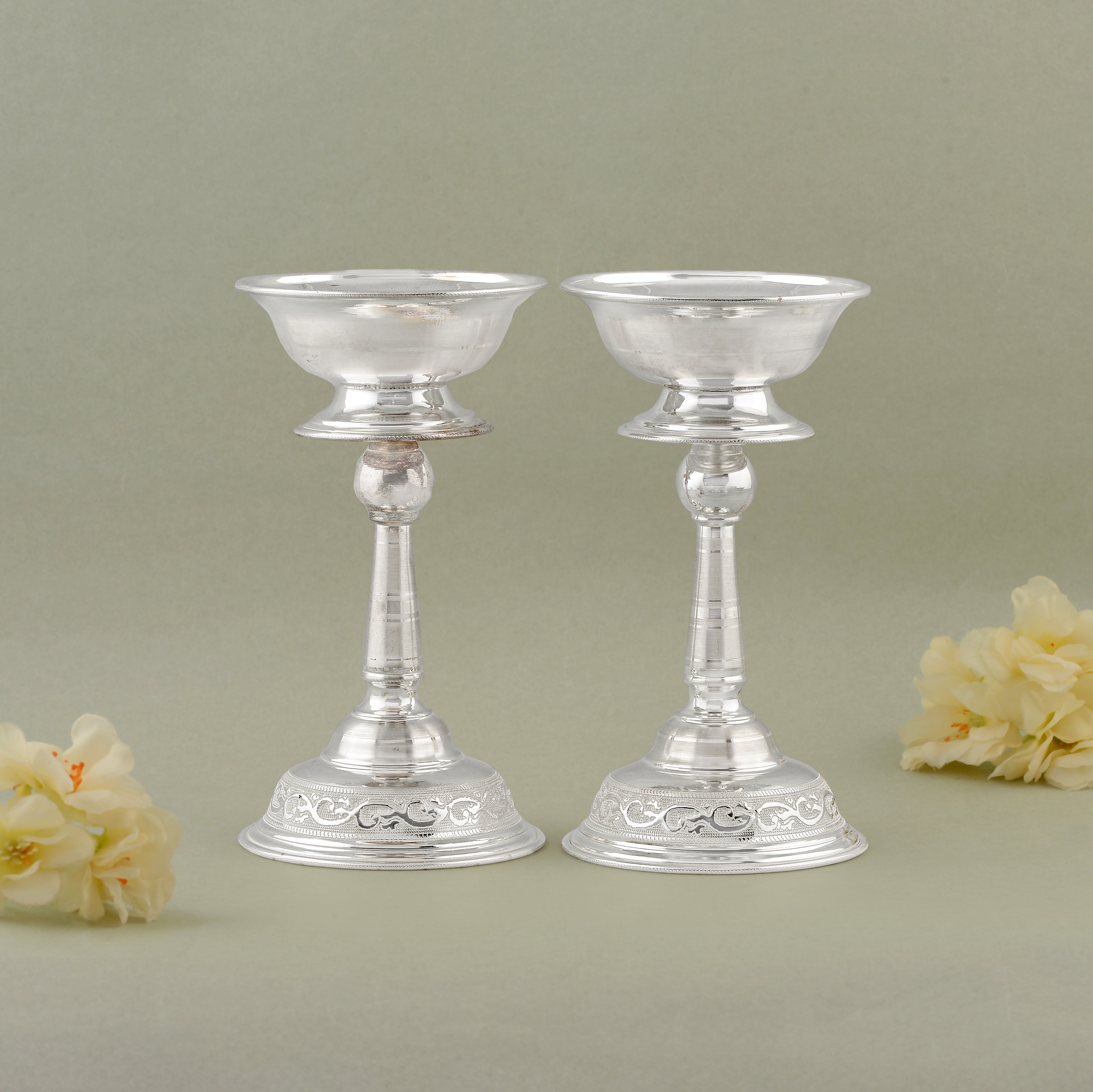 92.5 Pure Silver Deepam Stand (Set of 2) - Traditional Pooja Lamp