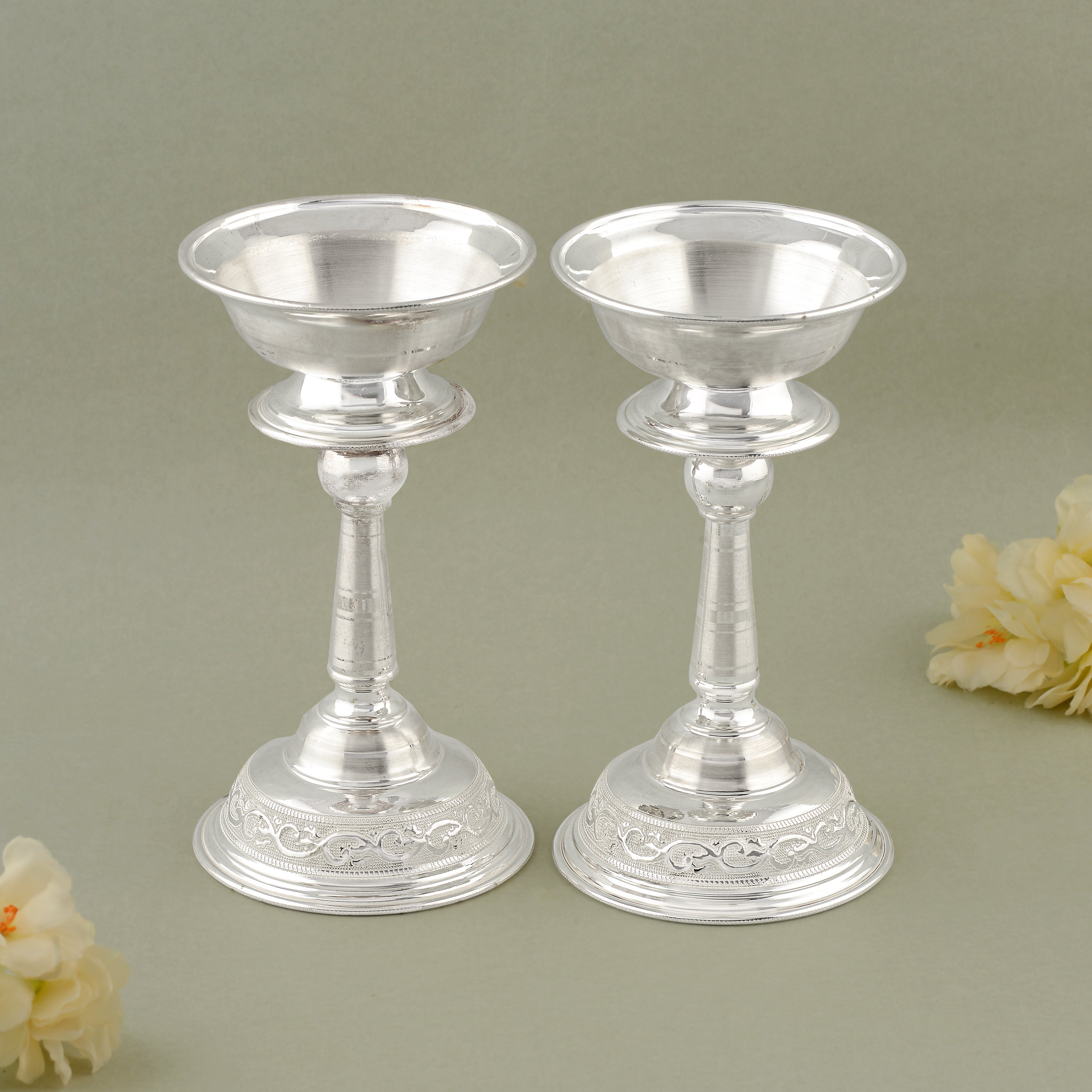 92.5 Pure Silver Deepam Stand (Set of 2) - Traditional Pooja Lamp