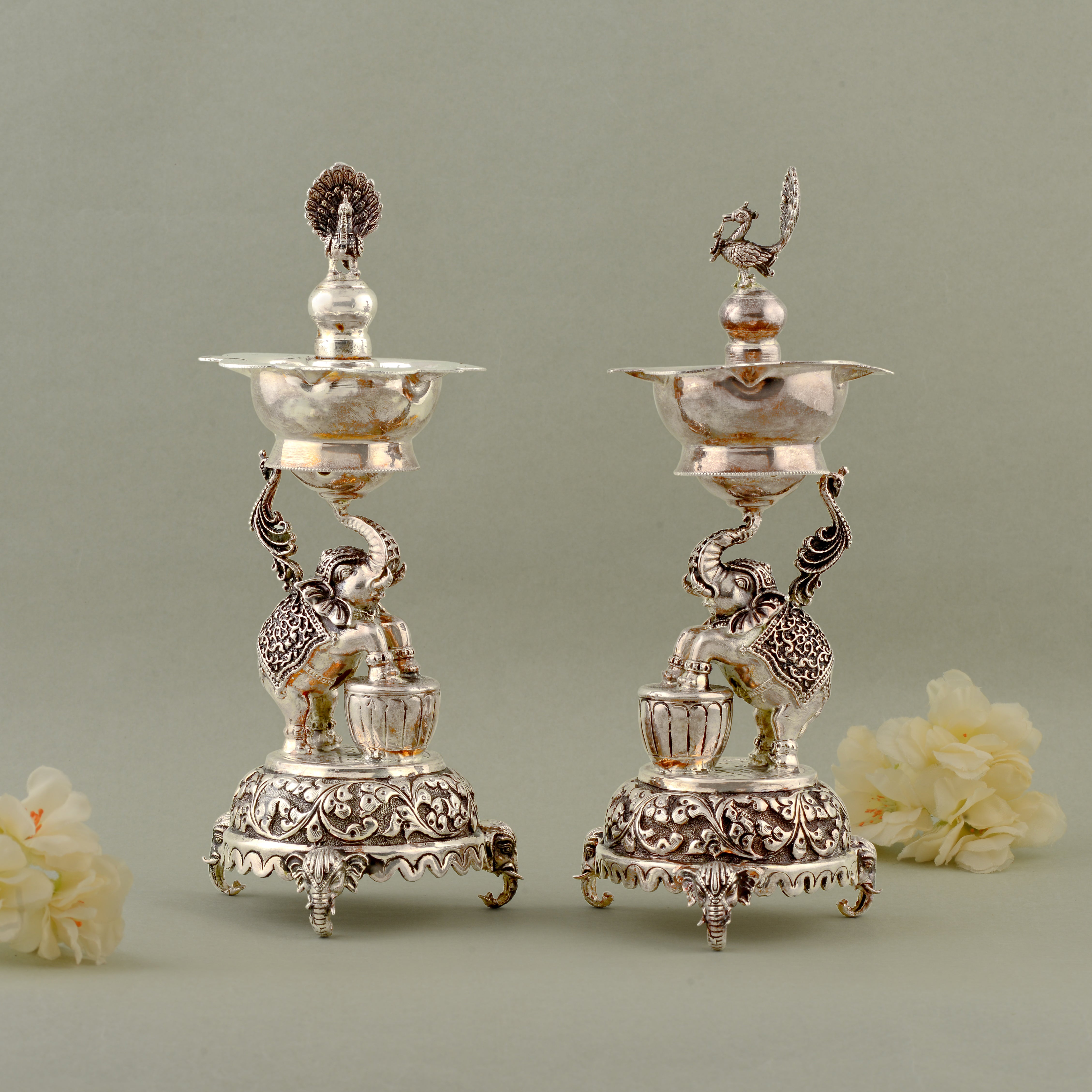 92.5 Pure Silver Antique Deepam Stands - Elephant & Peacock Motif (Set of 2)