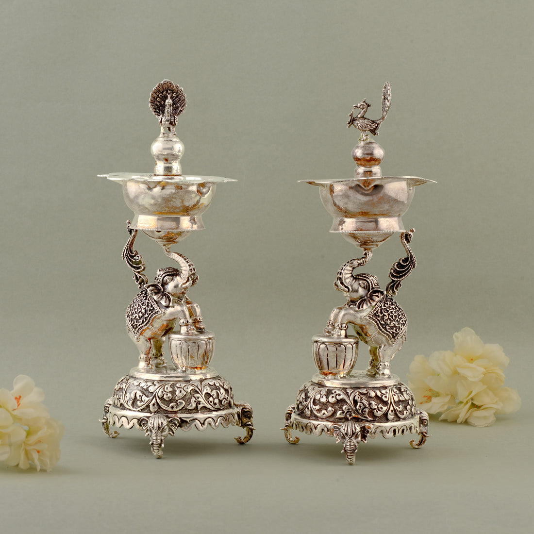 92.5 Pure Silver Antique Deepam Stands - Elephant & Peacock Motif (Set of 2)