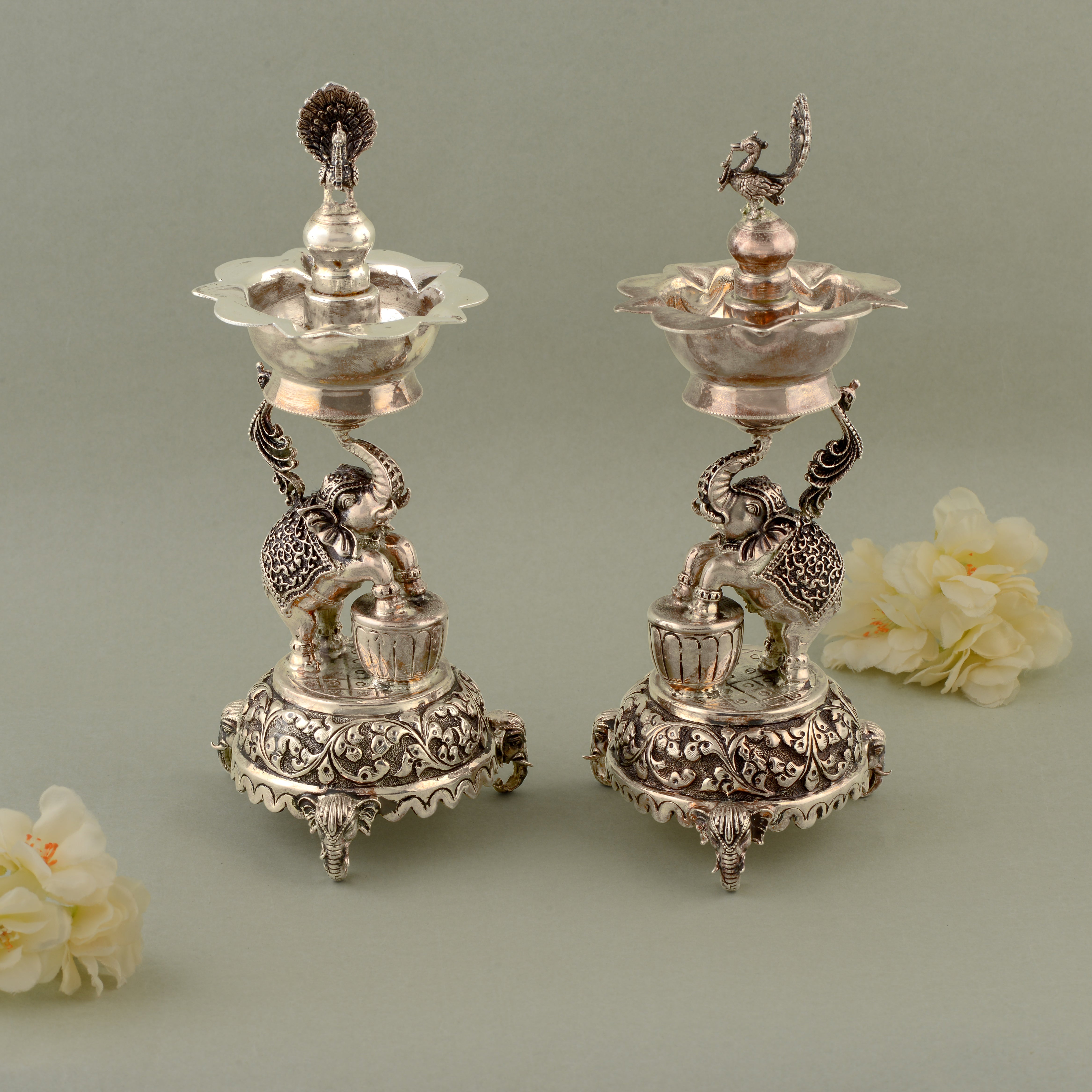 92.5 Pure Silver Antique Deepam Stands - Elephant & Peacock Motif (Set of 2)