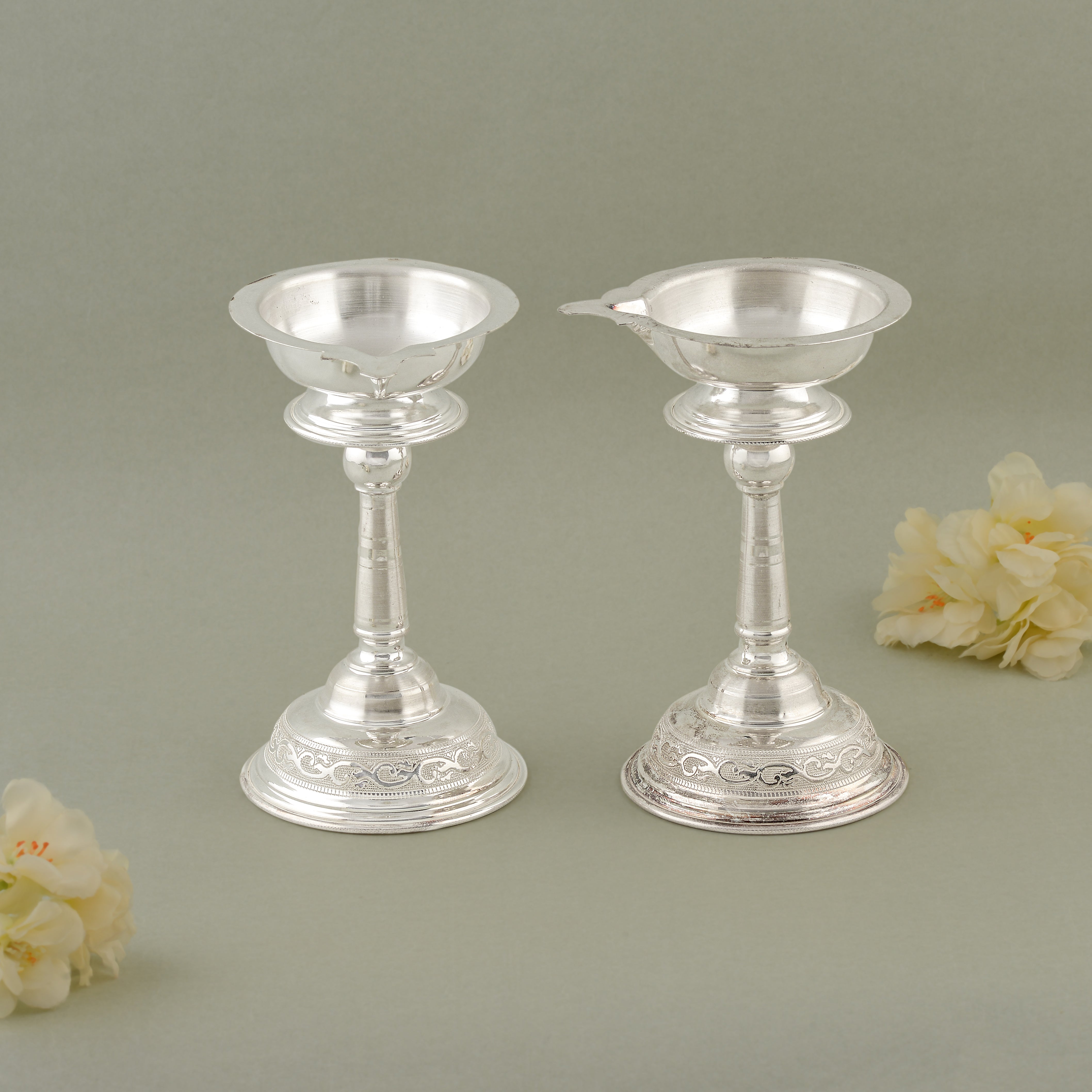 92.5 Pure Silver Deepam Stand Pair - Traditional Pooja Lamp