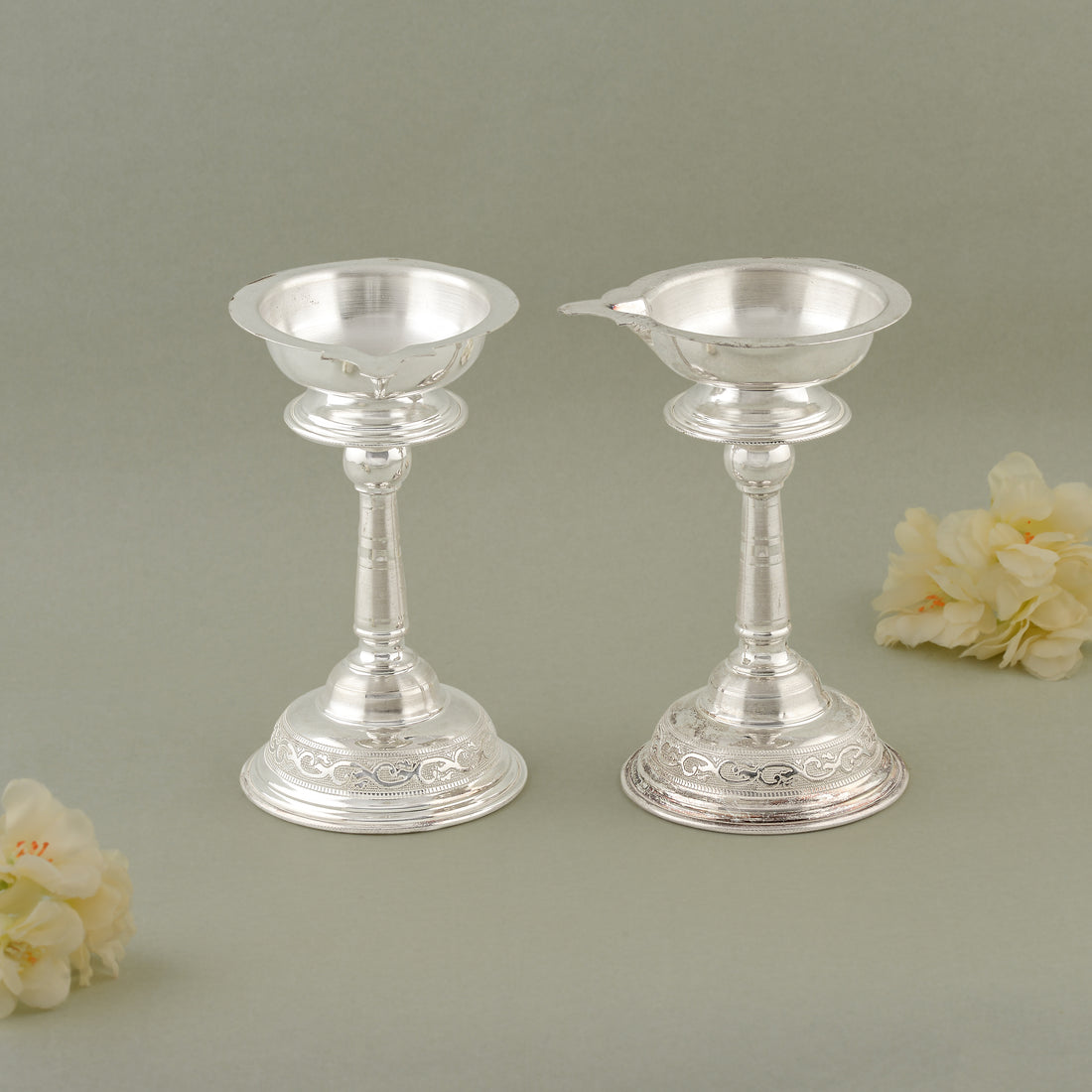 92.5 Pure Silver Deepam Stand Pair - Traditional Pooja Lamp