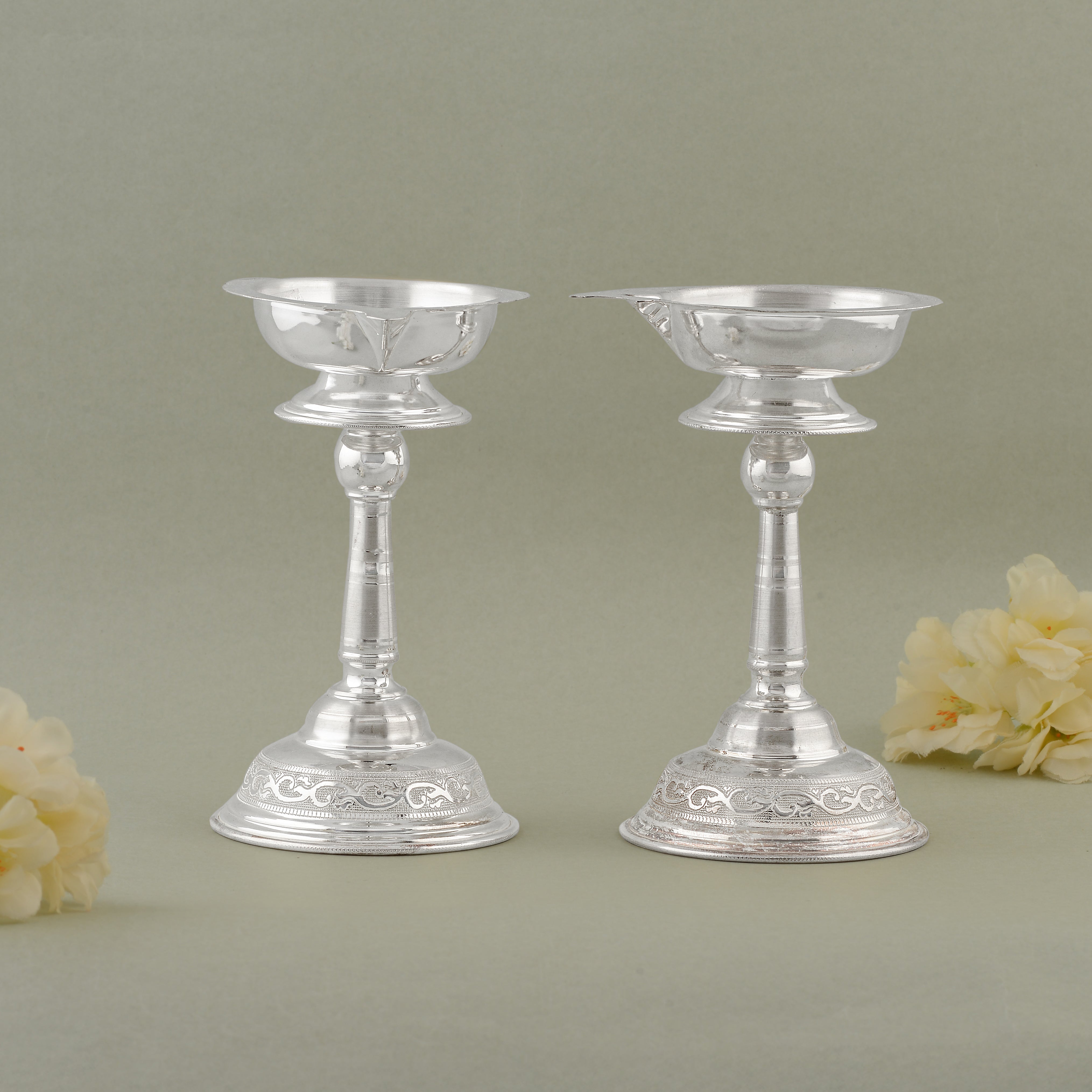 92.5 Pure Silver Deepam Stand Pair - Traditional Pooja Lamp