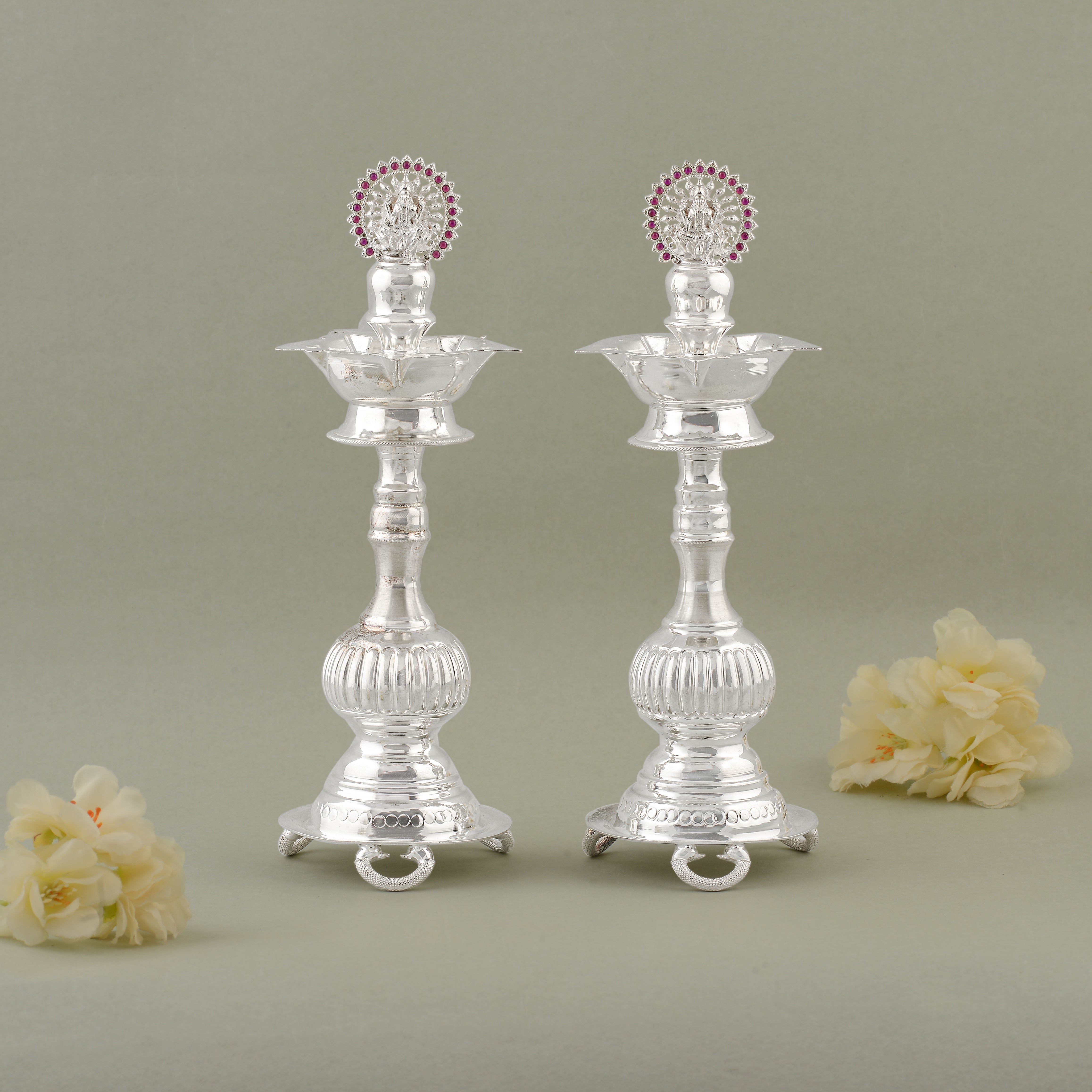 92.5 Pure Silver Deepam Stands with Red Stone Ganesh Motif (Set of 2)