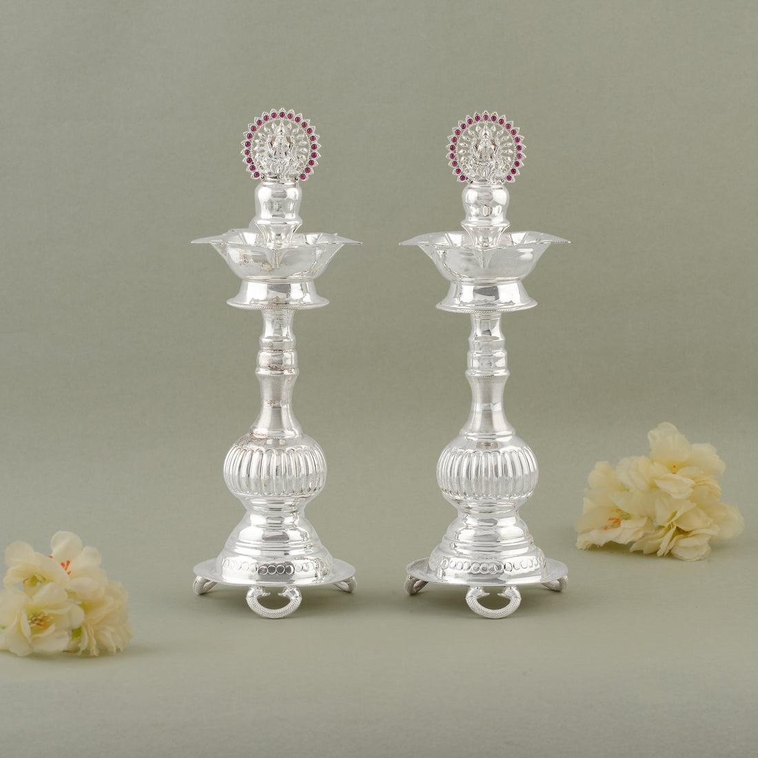 92.5 Pure Silver Deepam Stands with Red Stone Ganesh Motif (Set of 2)