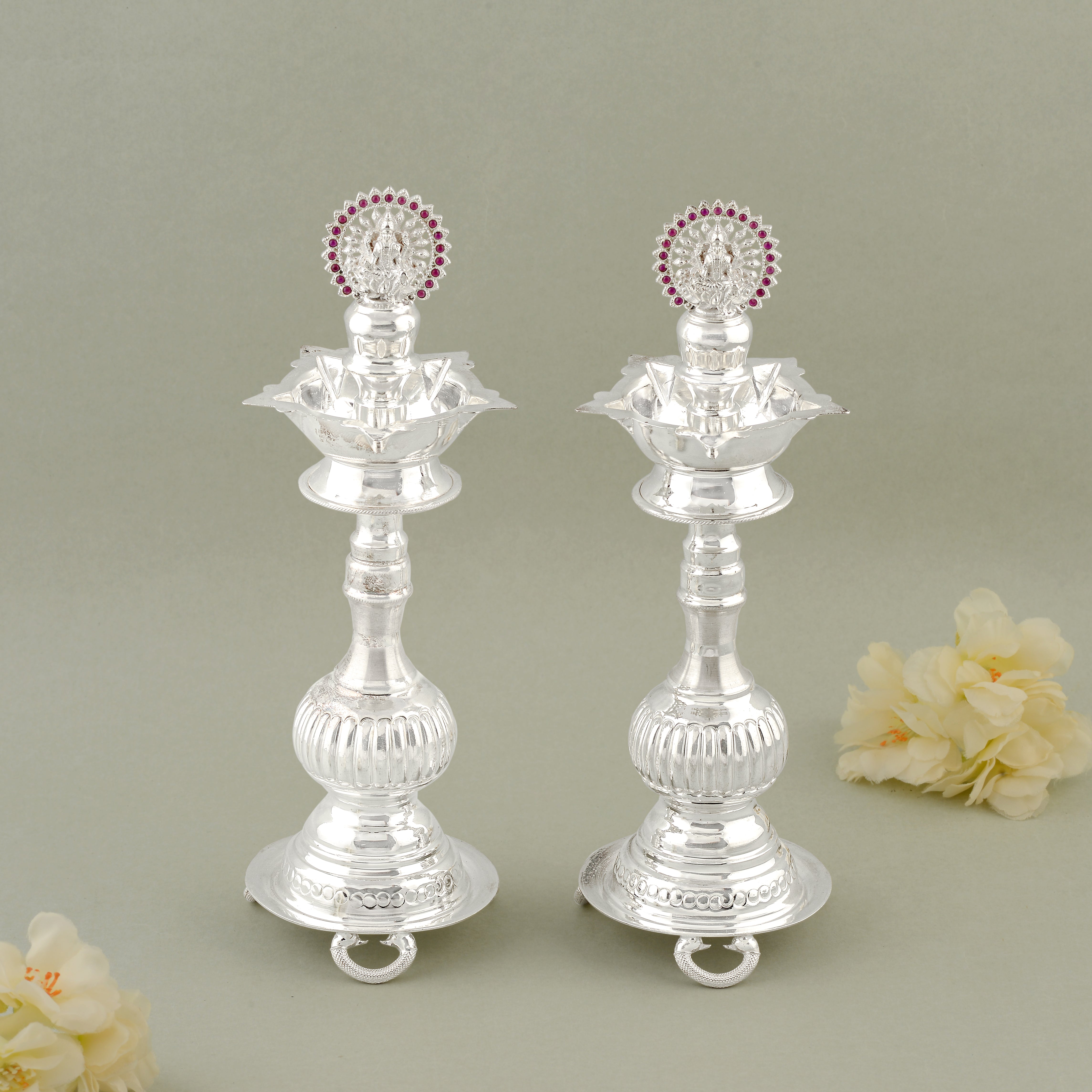 92.5 Pure Silver Deepam Stands with Red Stone Ganesh Motif (Set of 2)