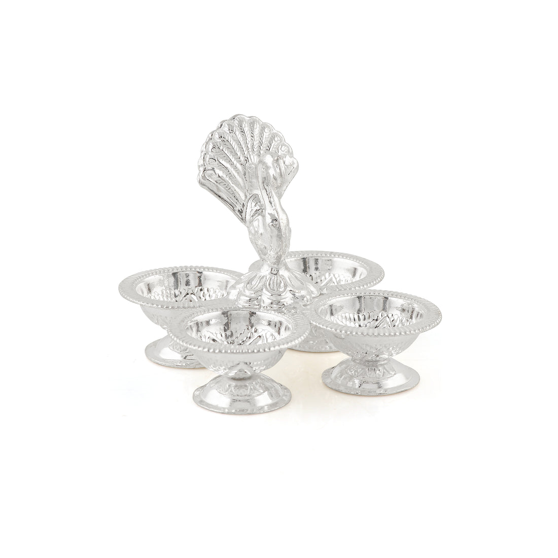 Pure Silver Panchapalli with Four Bowls & Peacock Motif - Traditional Pooja Set