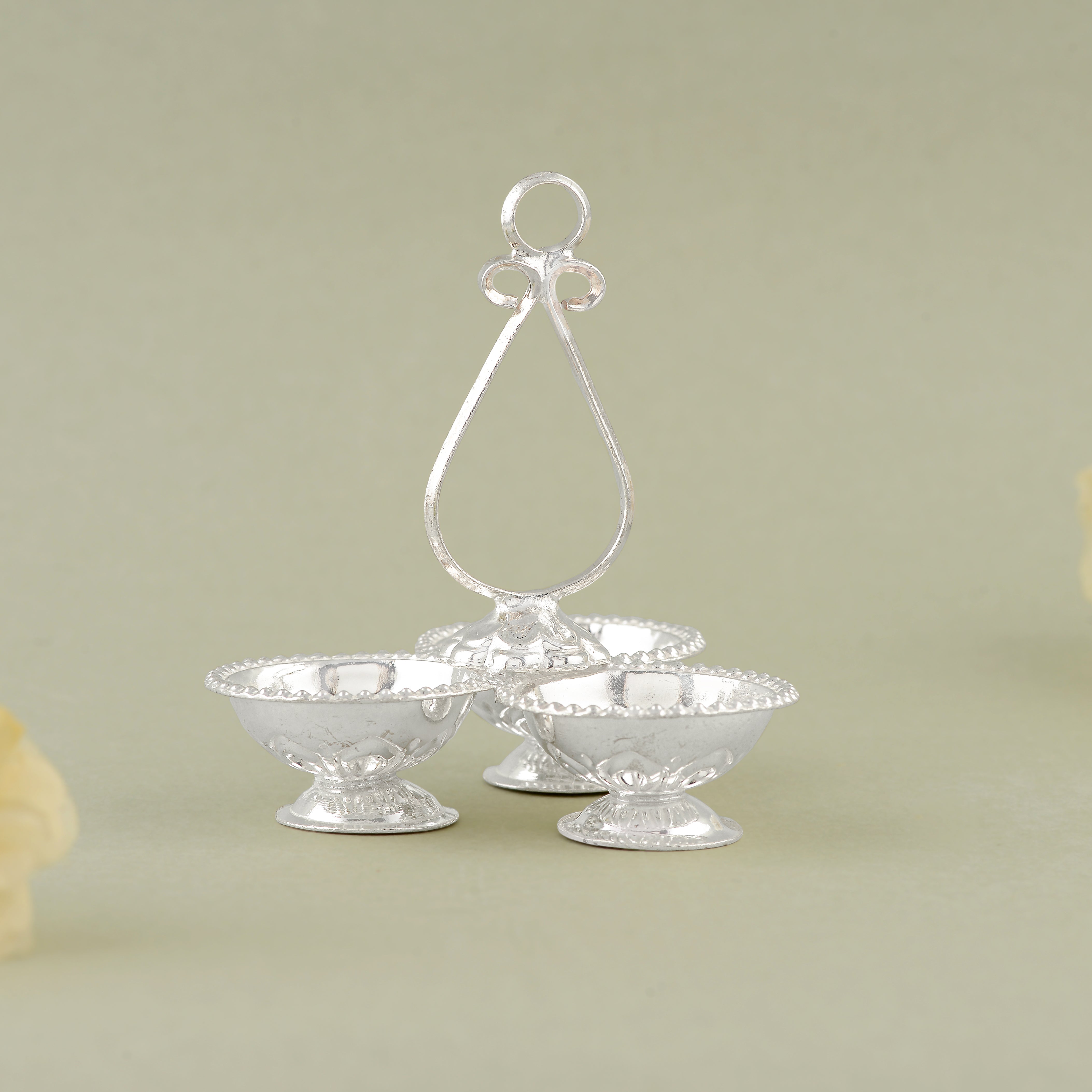 Pure Silver Panchapali with Three Bowls - Traditional Pooja Set