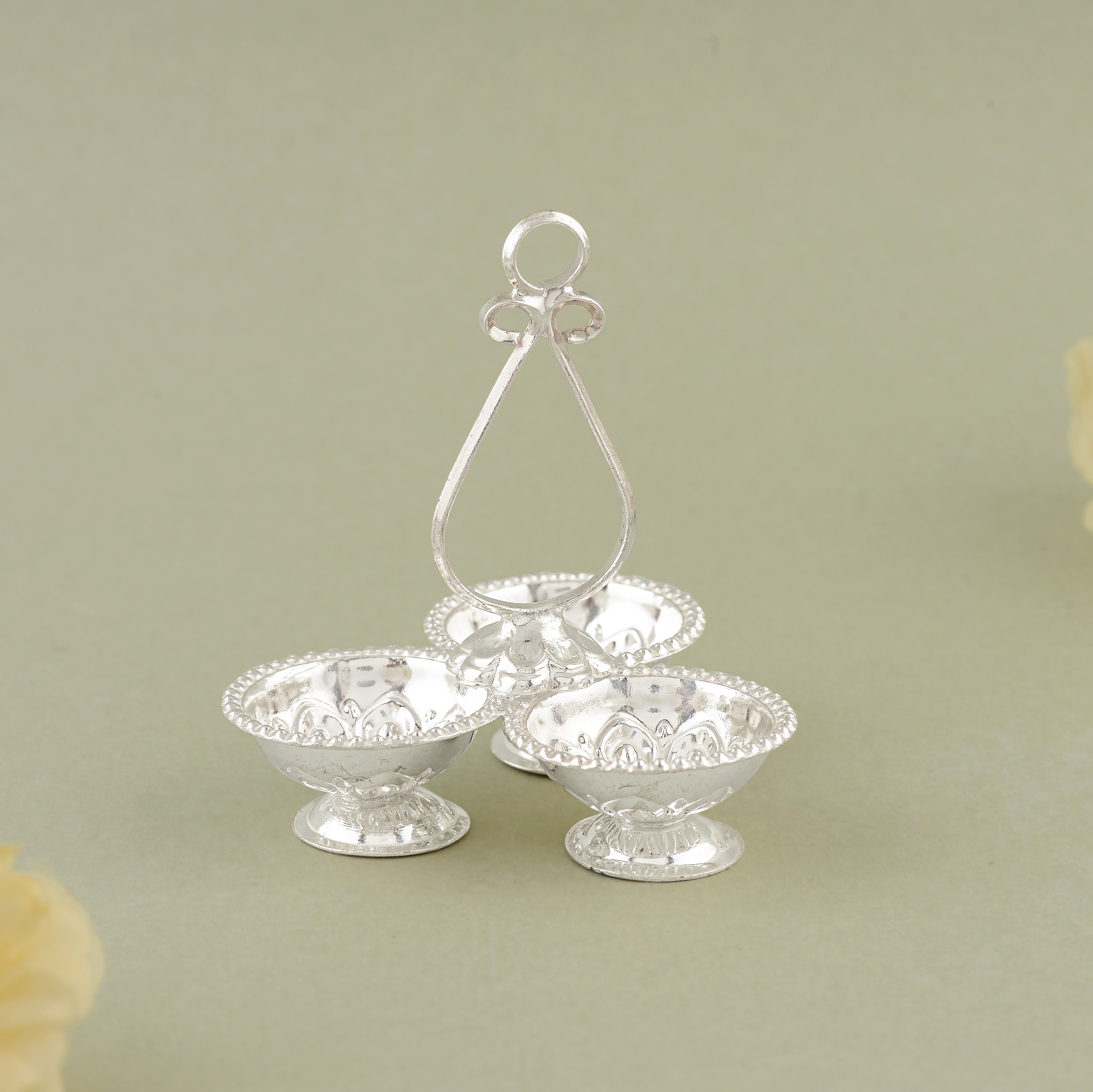 Pure Silver Panchapali with Three Bowls - Traditional Pooja Set