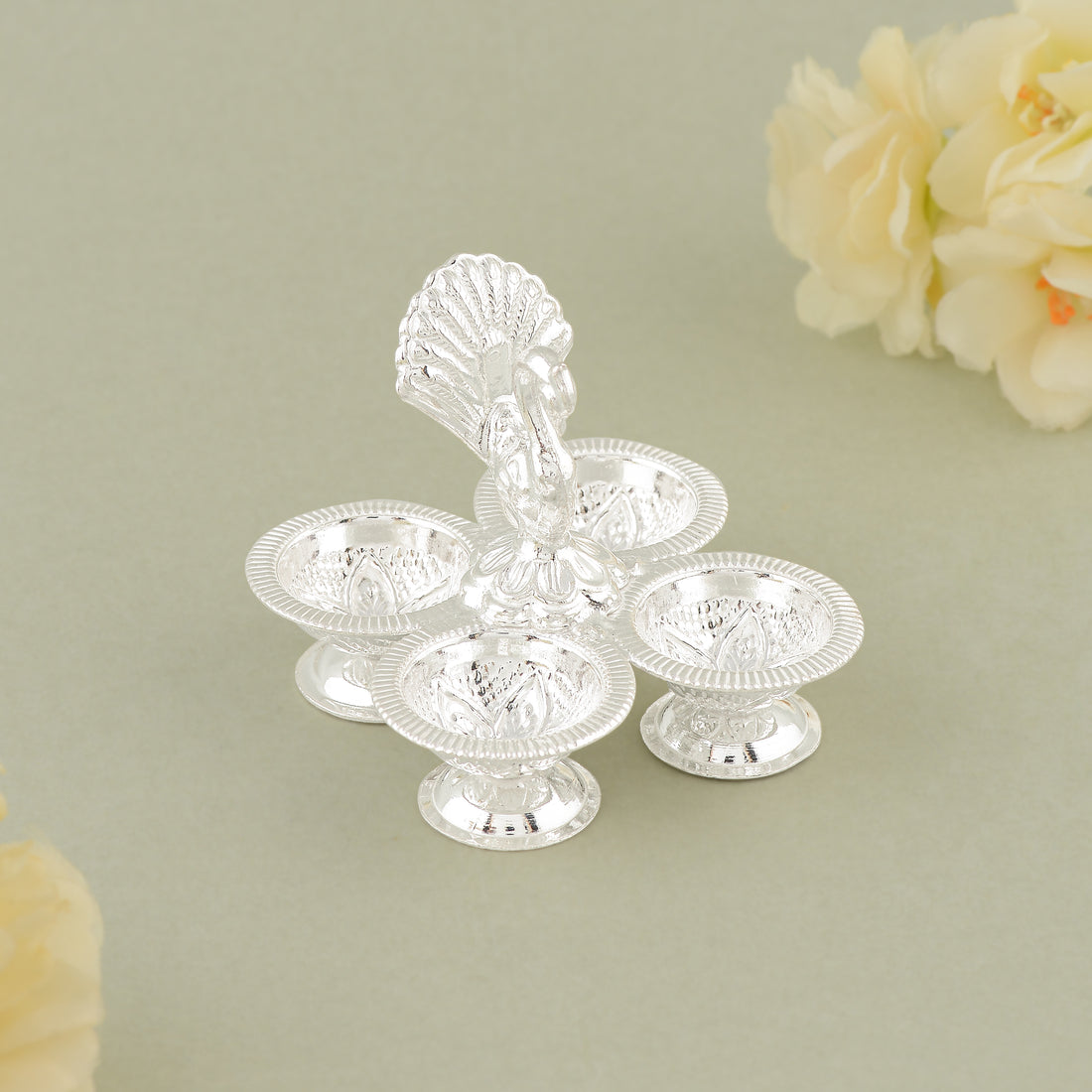 Pure Silver Panchapalli with Four Bowls & Peacock Motif - Traditional Pooja Set