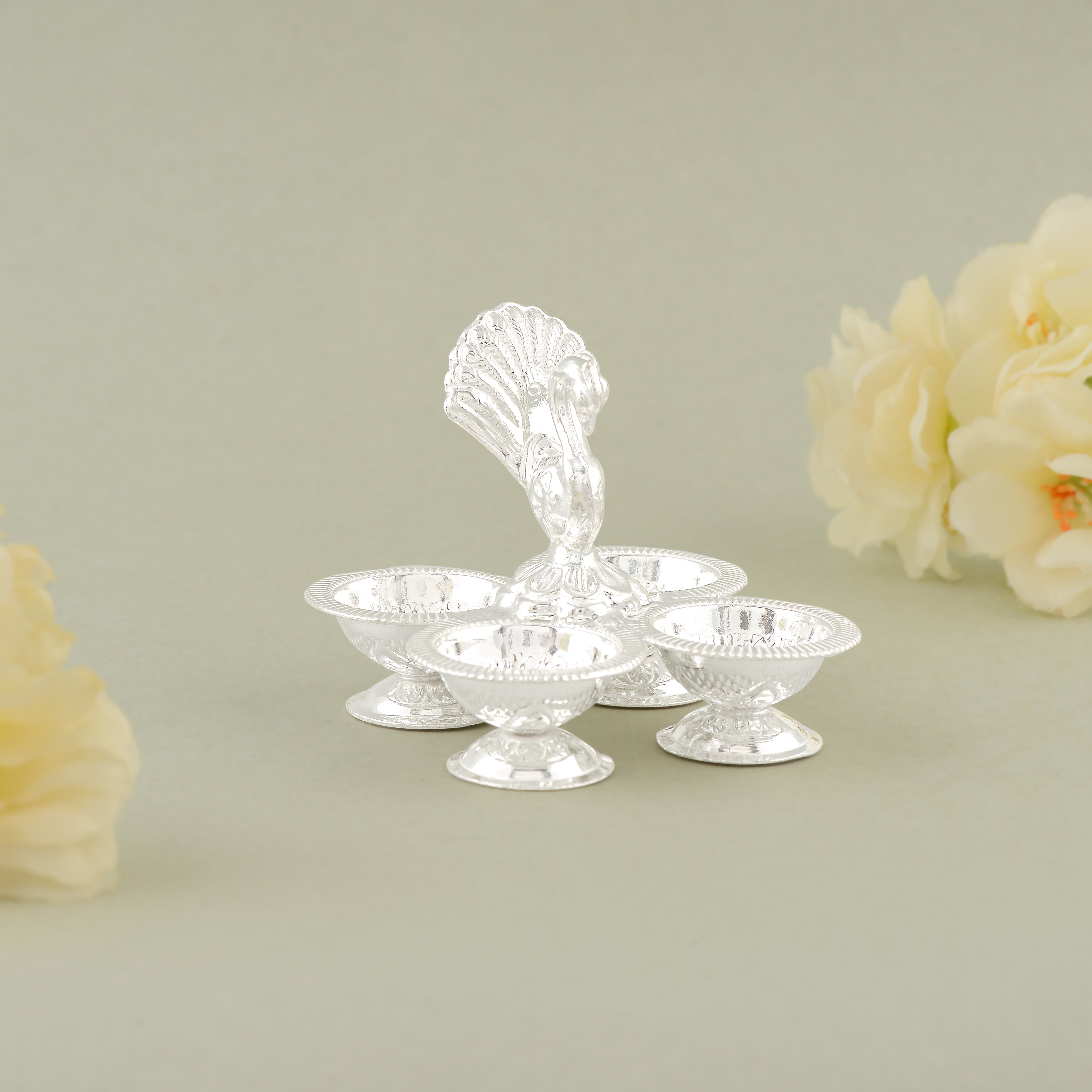 Pure Silver Panchapalli with Four Bowls & Peacock Motif - Traditional Pooja Set