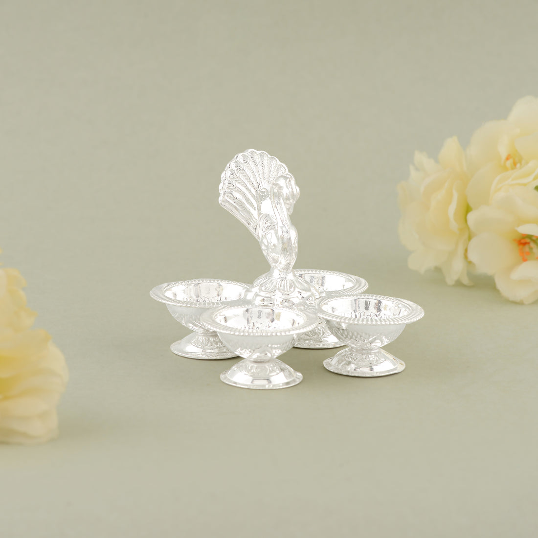 Pure Silver Panchapalli with Four Bowls & Peacock Motif - Traditional Pooja Set