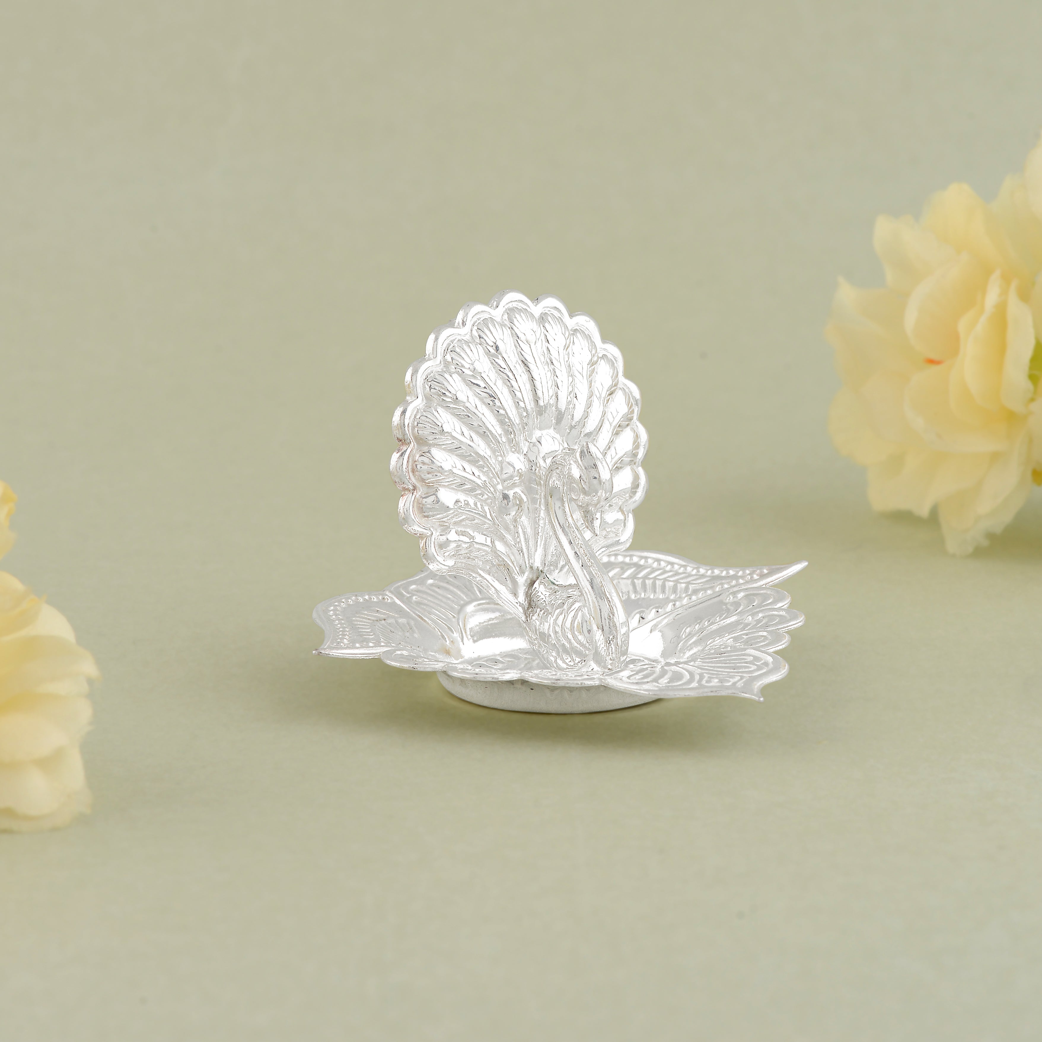 Pure Silver Peacock Motif Agarbatti Stand – Small Pooja Essential