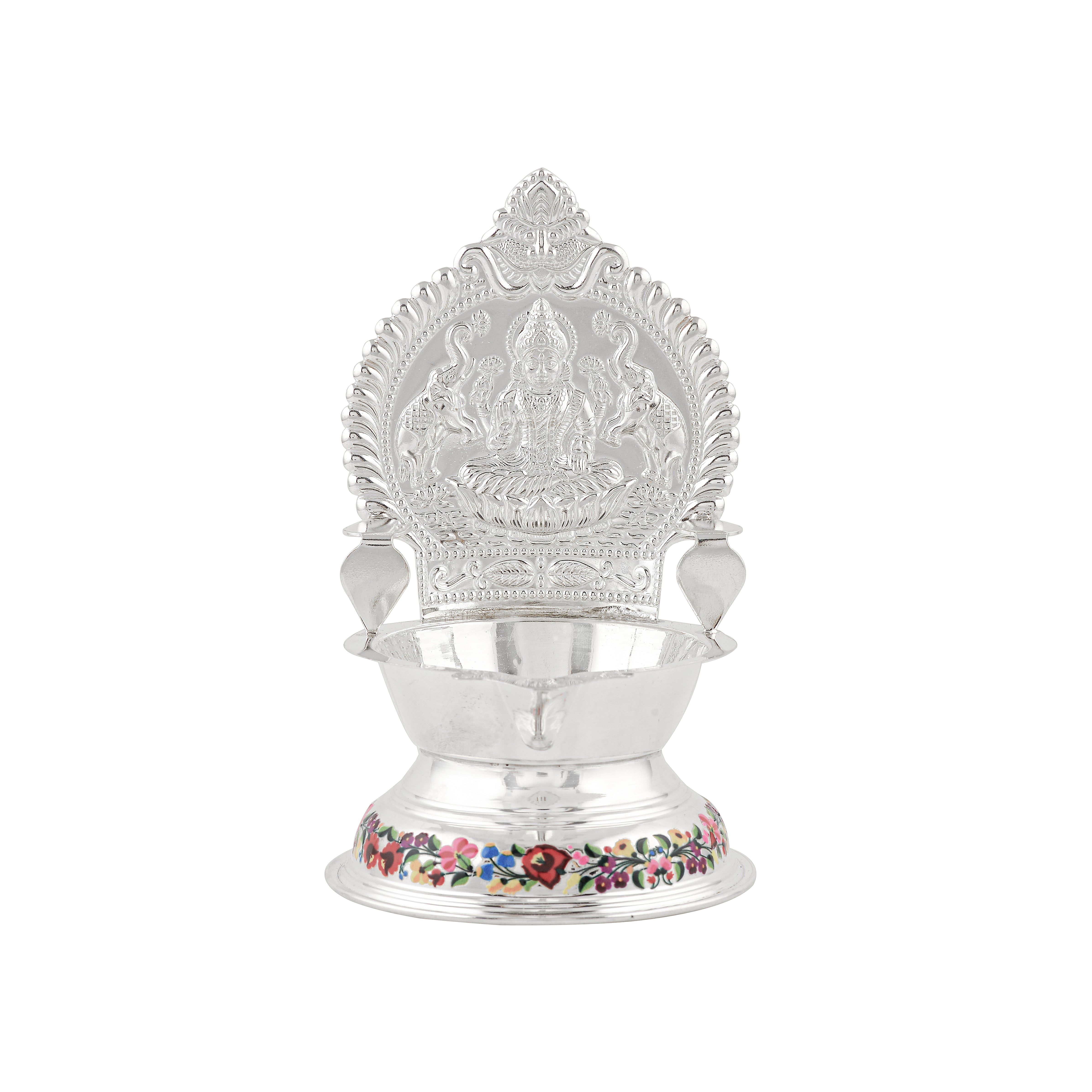 Pure Silver Laxmi Deepam Stand with Enamel Paint & Deity Motif