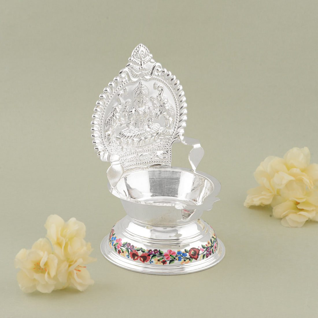 Pure Silver Laxmi Deepam Stand with Enamel Paint & Deity Motif