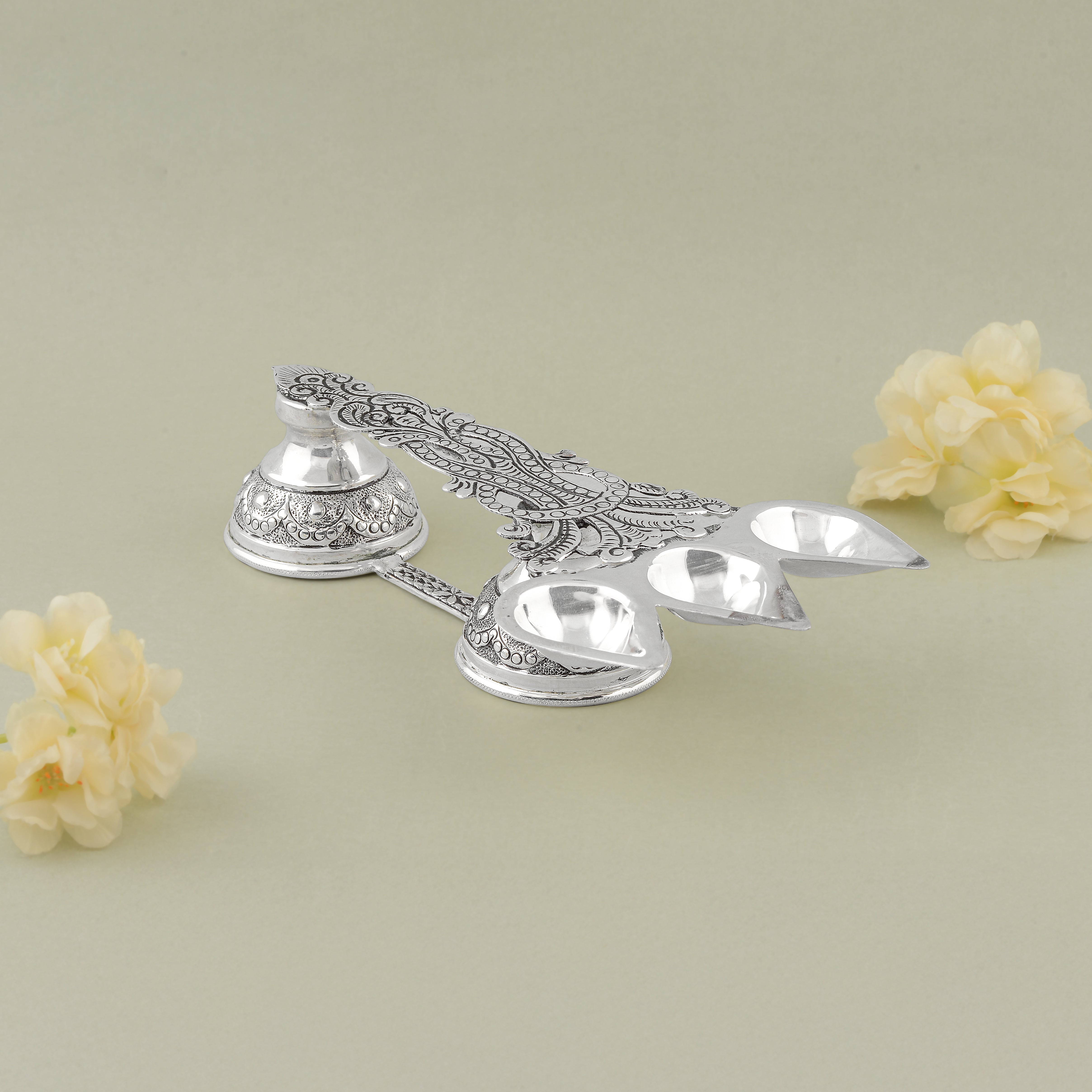 Pure Silver Aarti Karpuram Stand / Multi-Wick Deepam