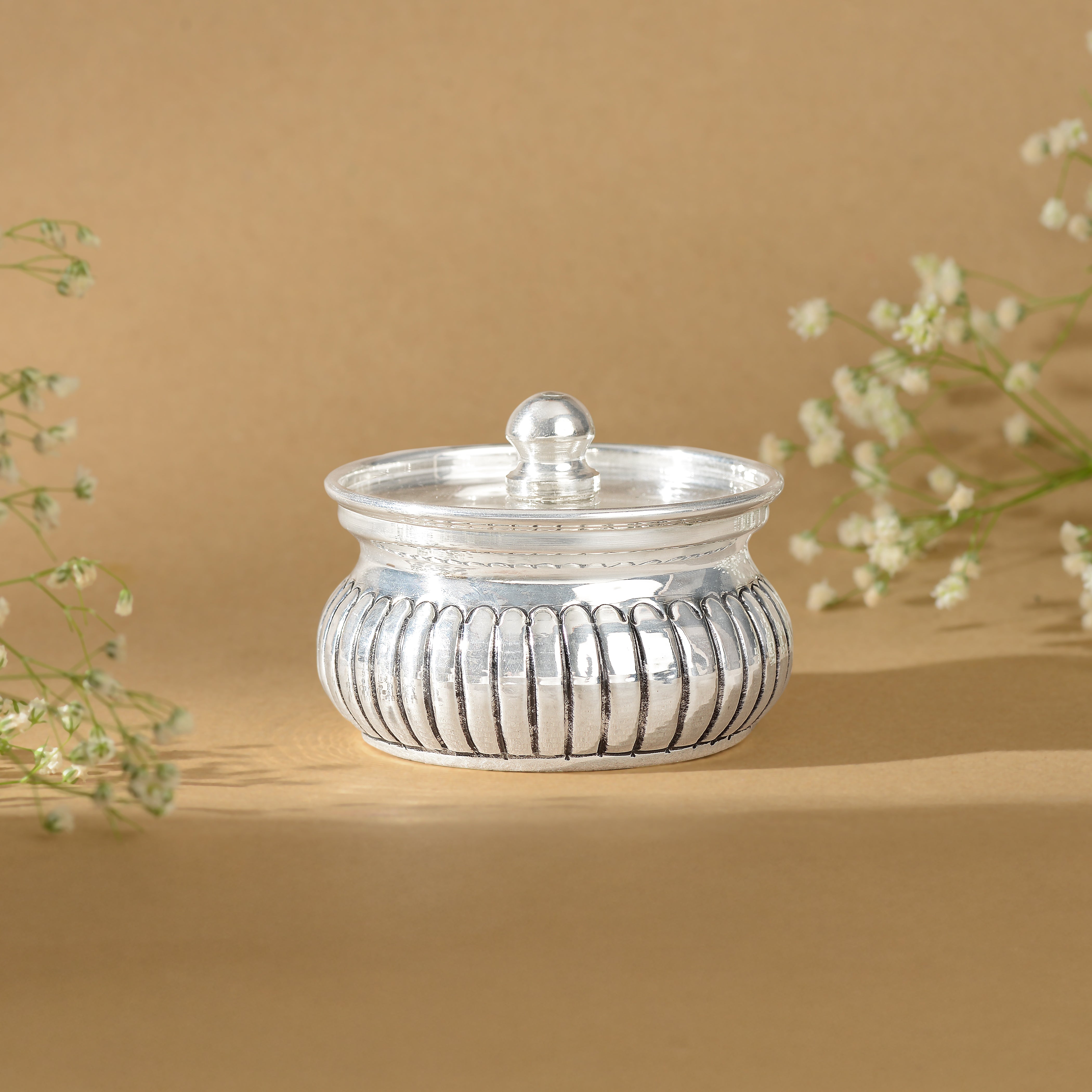 92.5 Pure Silver Lidded Pooja Pot / Prasadam Container