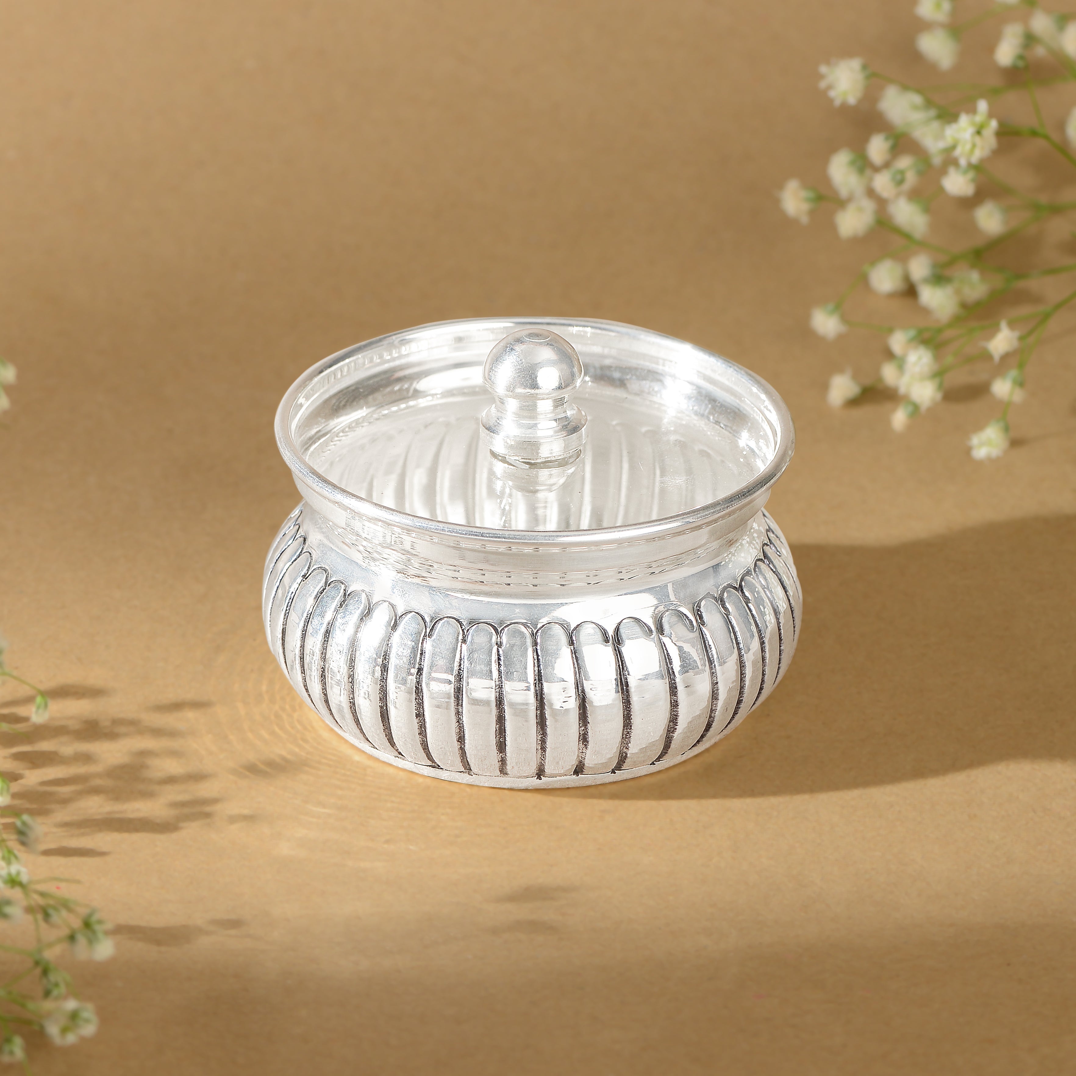 92.5 Pure Silver Lidded Pooja Pot / Prasadam Container
