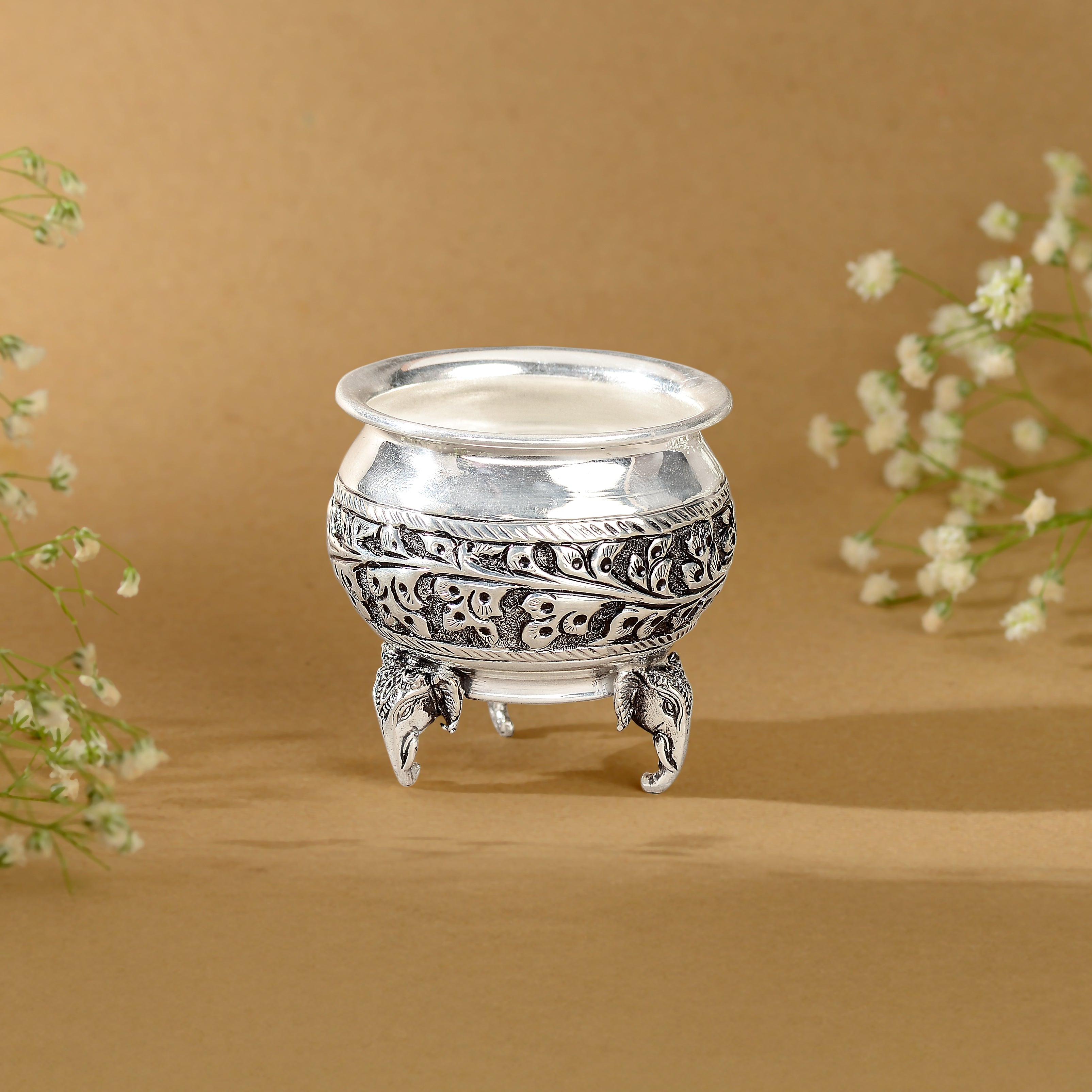 92.5 Pure Silver Antique Design Prasadam Bowl with Elephant Motif