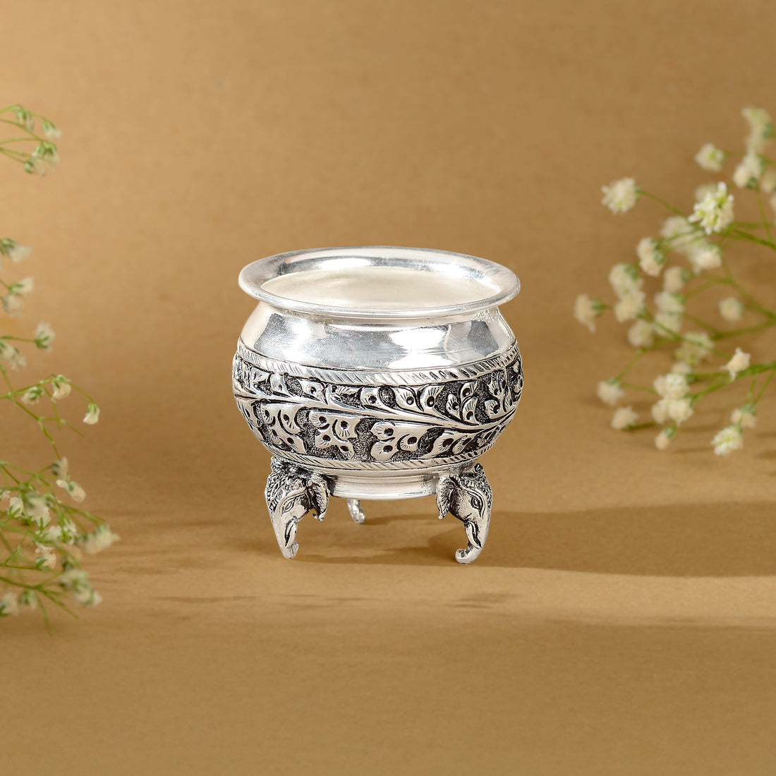 92.5 Pure Silver Antique Design Prasadam Bowl with Elephant Motif