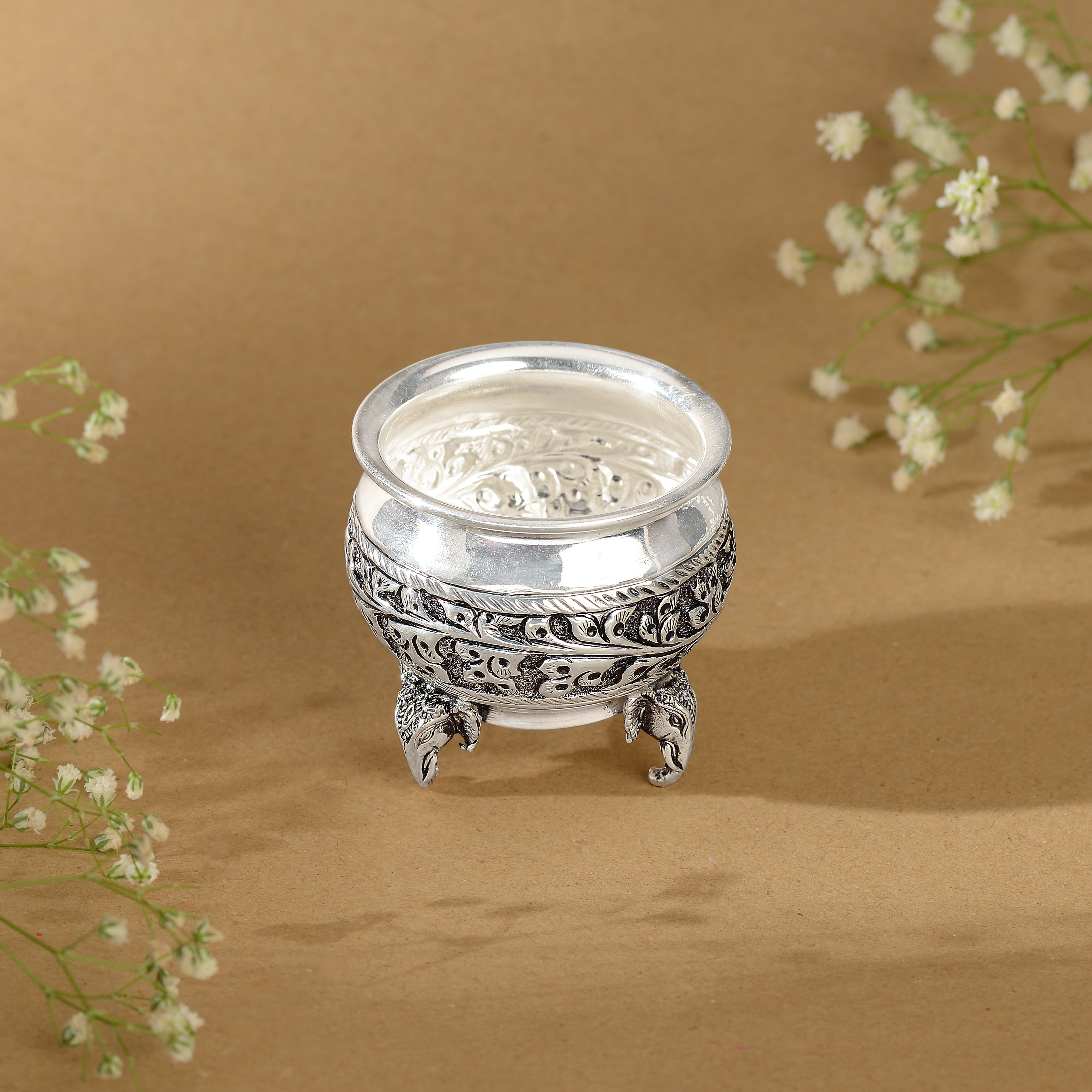 92.5 Pure Silver Antique Design Prasadam Bowl with Elephant Motif