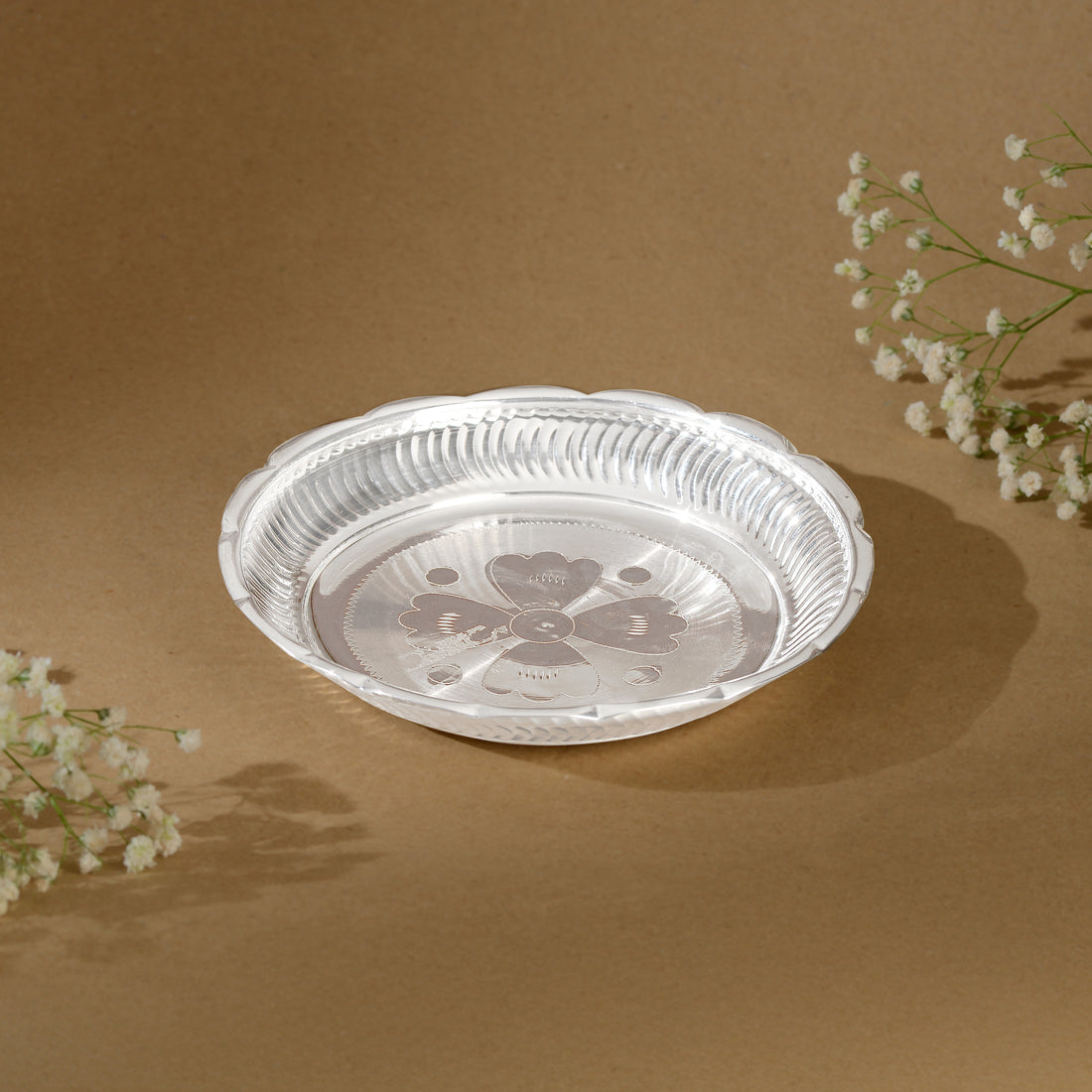 92.5 Pure Silver Pooja Plate  - Traditional Single Piece with Scalloped Edge