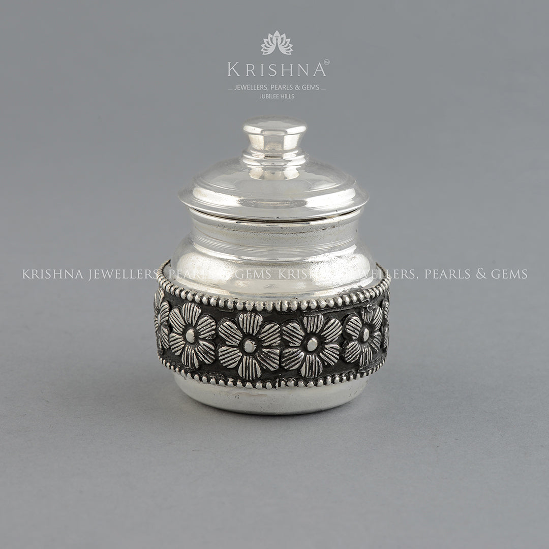Silver Kumkum Barni in Antique Finish - Krishna Jewellers Pearls and Gems